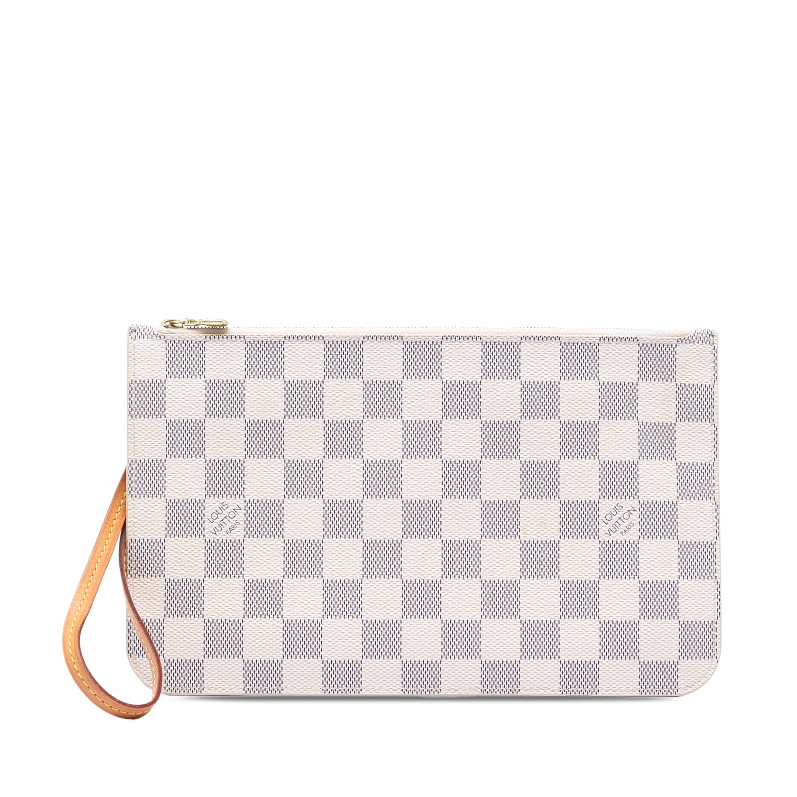 Louis Vuitton Damier Azur wristlet pouch with zip closure: Louis Vuitton Damier Azur wristlet pouch with zip closure This Louis Vuitton Damier Azur Neverfull MM Pouch features the iconic Damier Azur canvas with a flat vachetta leather wrist strap and a top zi