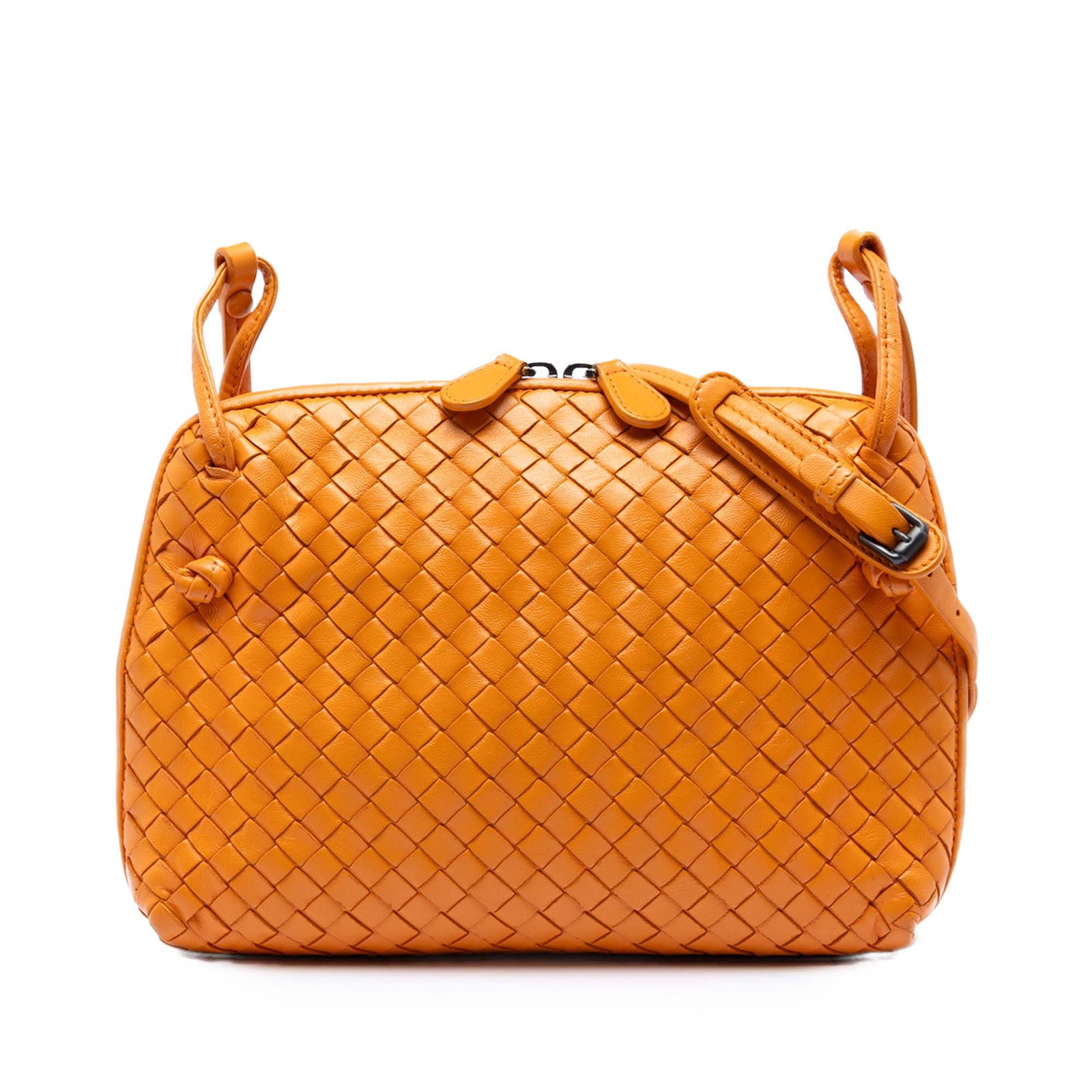 Bottega Veneta Nodini Orange Leather Crossbody Bag: Bottega Veneta Nodini Orange Leather Crossbody Bag This Bottega Veneta Nappa Intrecciato Nodini Crossbody bag features a signature woven leather body in orange, complemented by an adjustable flat leat