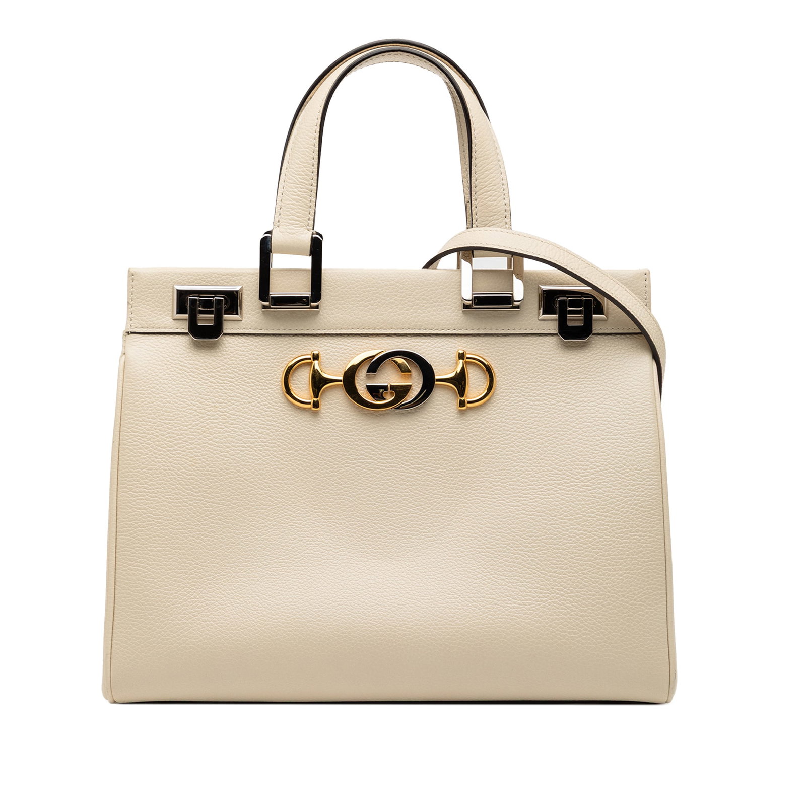 Gucci Zumi White Leather Small Top Handle Satchel with Strap: Gucci Zumi White Leather Small Top Handle Satchel with Strap This Gucci Small Grained Calfskin Zumi Top Handle Bag features a white leather body, flat leather handles, a detachable flat leather strap,