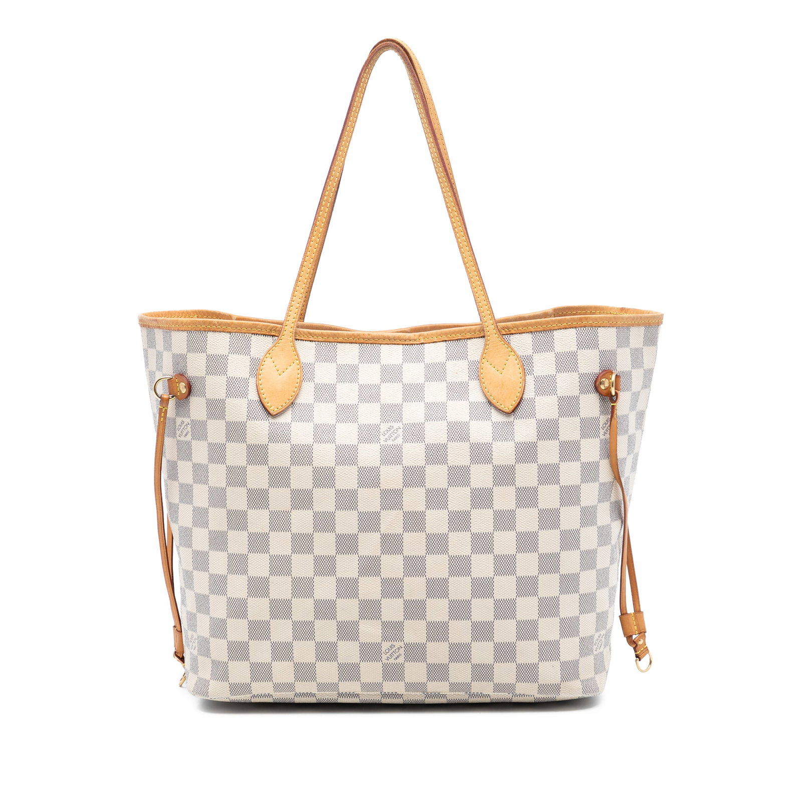 Louis Vuitton Neverfull MM Tote Damier Azur Canvas with Leather Trim: Louis Vuitton Neverfull MM Tote Damier Azur Canvas with Leather Trim This Louis Vuitton Neverfull MM features the signature Damier Azur canvas with vachetta leather trim and flat vachetta leather hand