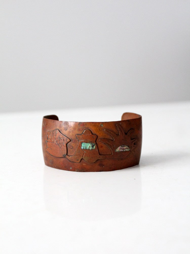 Vintage Southwestern Copper Cuff with Inlaid Stones and Shell Pieces (1 of 3)