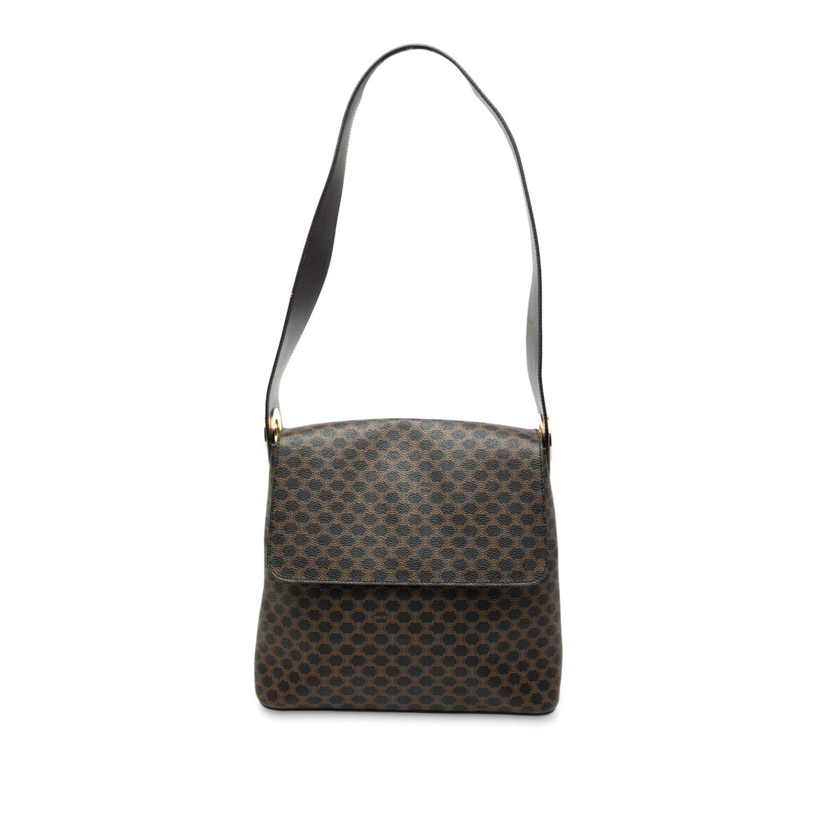 Celine Macadam Brown Coated Canvas Shoulder Bag with Leather Strap: Celine Macadam Brown Coated Canvas Shoulder Bag with Leather Strap This Celine Macadam shoulder bag features a coated canvas body with a flat leather shoulder strap. It is designed with a front flap s