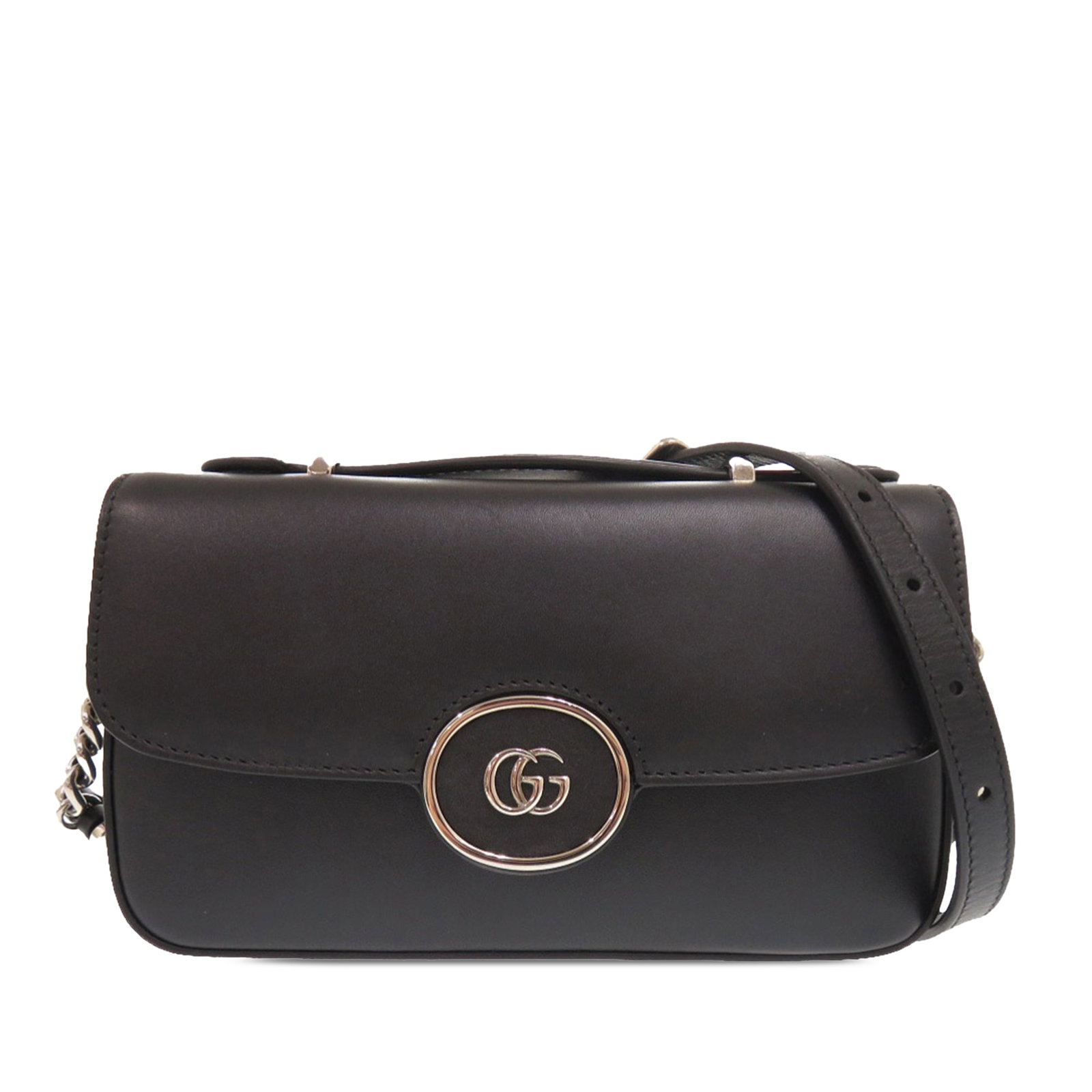 Gucci black leather satchel with detachable strap: Gucci black leather satchel with detachable strap This Gucci Mini Leather Petite GG Satchel is crafted from black leather and features a flat top handle, an adjustable and detachable flat leather stra