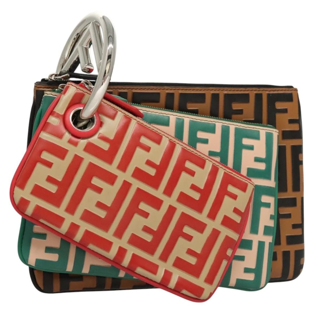 Fendi Zucca Canvas Triple Pouch Black Brown Red Women's Accessory (1 of 18)