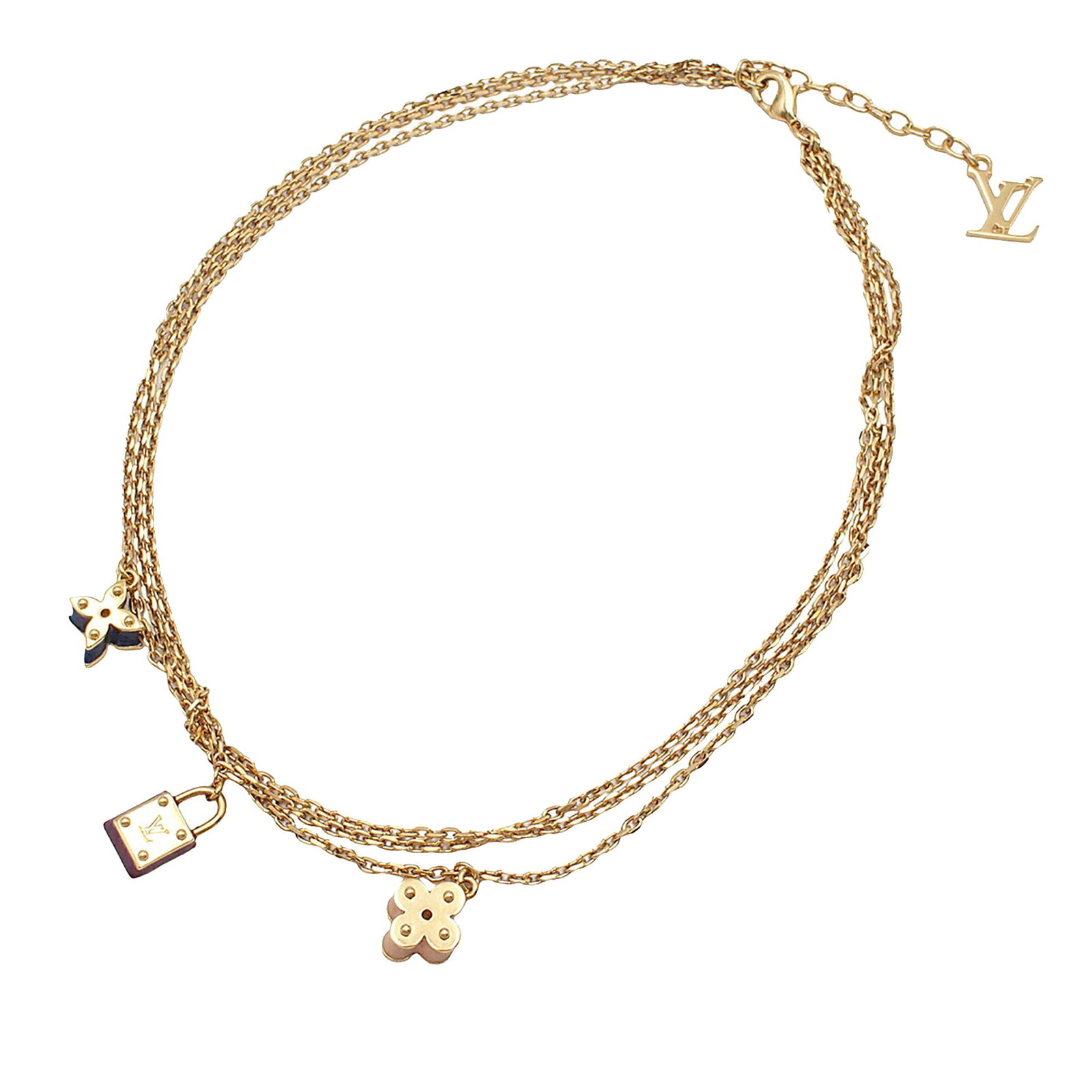 Louis Vuitton gold tone tiered charm necklace metal: Louis Vuitton gold tone tiered charm necklace metal This Louis Vuitton Gold Plated Sweet Charms Tiered Necklace features gold-tone pendants on a gold-tone chain, secured with a lobster claw clasp. The