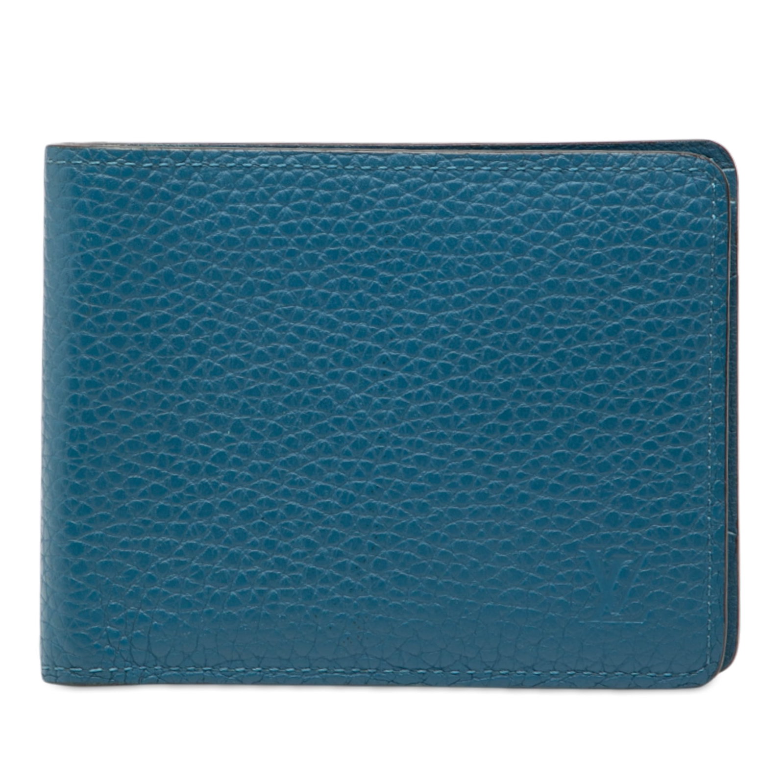 Taurillon Multiple Blue Leather Wallet by Louis Vuitton France: Taurillon Multiple Blue Leather Wallet by Louis Vuitton France This Louis Vuitton Taurillon Multiple Wallet features a leather body in blue with interior slip pockets. The wallet shows signs of wear, 