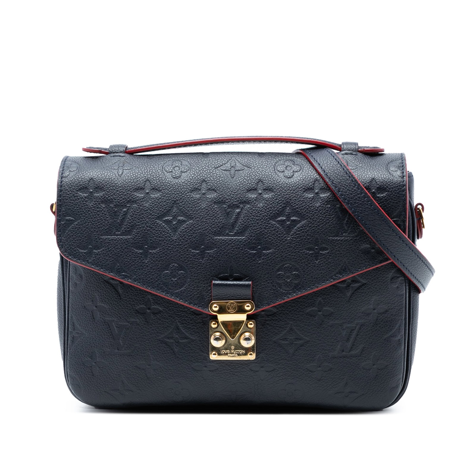 Louis Vuitton Pochette Metis blue Empreinte leather bag: Louis Vuitton Pochette Metis blue Empreinte leather bag This Louis Vuitton Monogram Empreinte Pochette Metis features a blue embossed leather body with the iconic monogram pattern. It includes a flat 