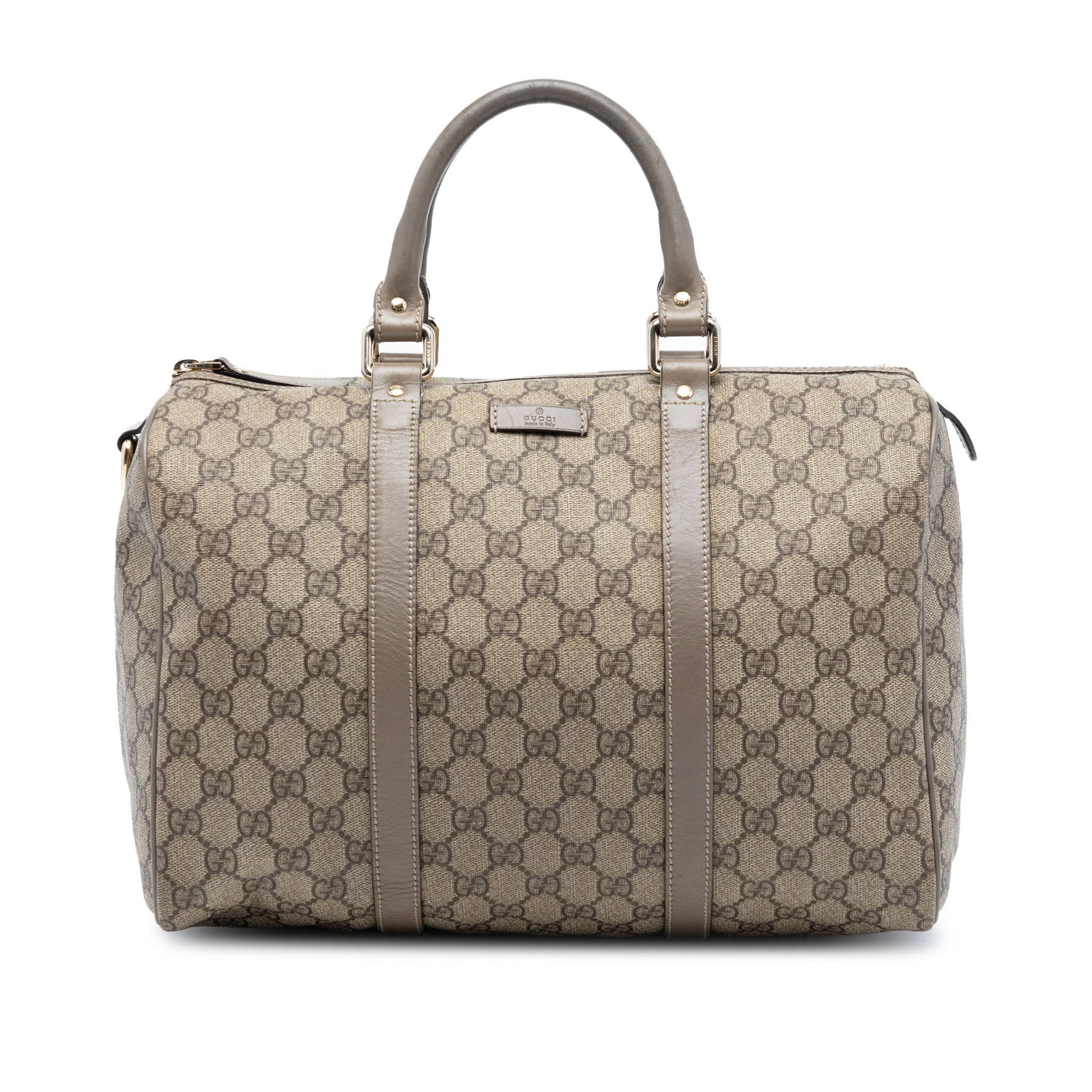 Gucci Joy Boston Bag Medium GG Supreme Beige: Gucci Joy Boston Bag Medium GG Supreme Beige This Gucci Medium GG Supreme Joy Boston Bag showcases a coated canvas body with leather trim, rolled leather handles, and a top zip closure. The interior i