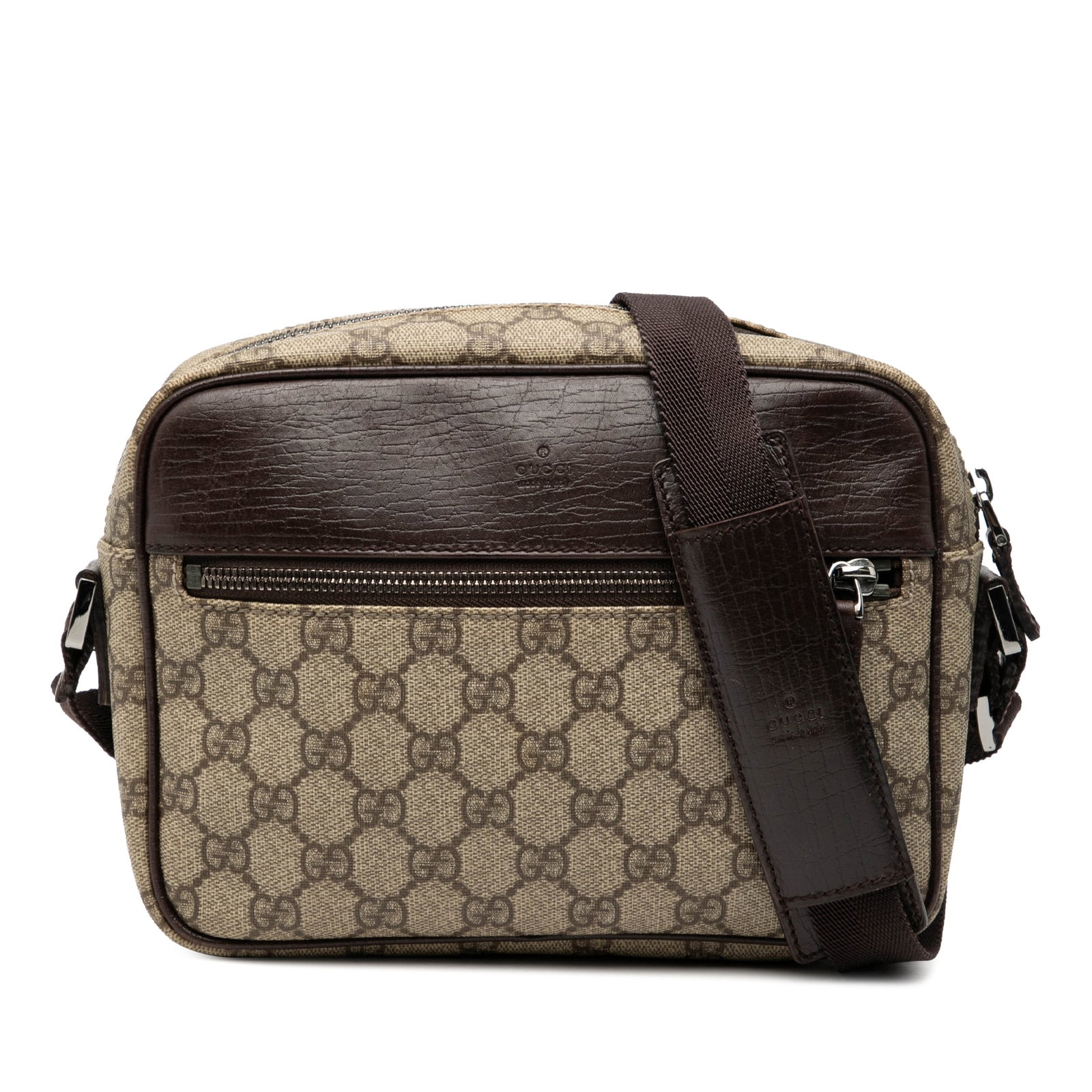 Gucci GG Supreme Beige Canvas Crossbody Bag with Leather Trim: Gucci GG Supreme Beige Canvas Crossbody Bag with Leather Trim This Gucci GG Supreme Crossbody bag features a coated canvas body with leather trim, an adjustable flat strap, a top zip closure, an exter