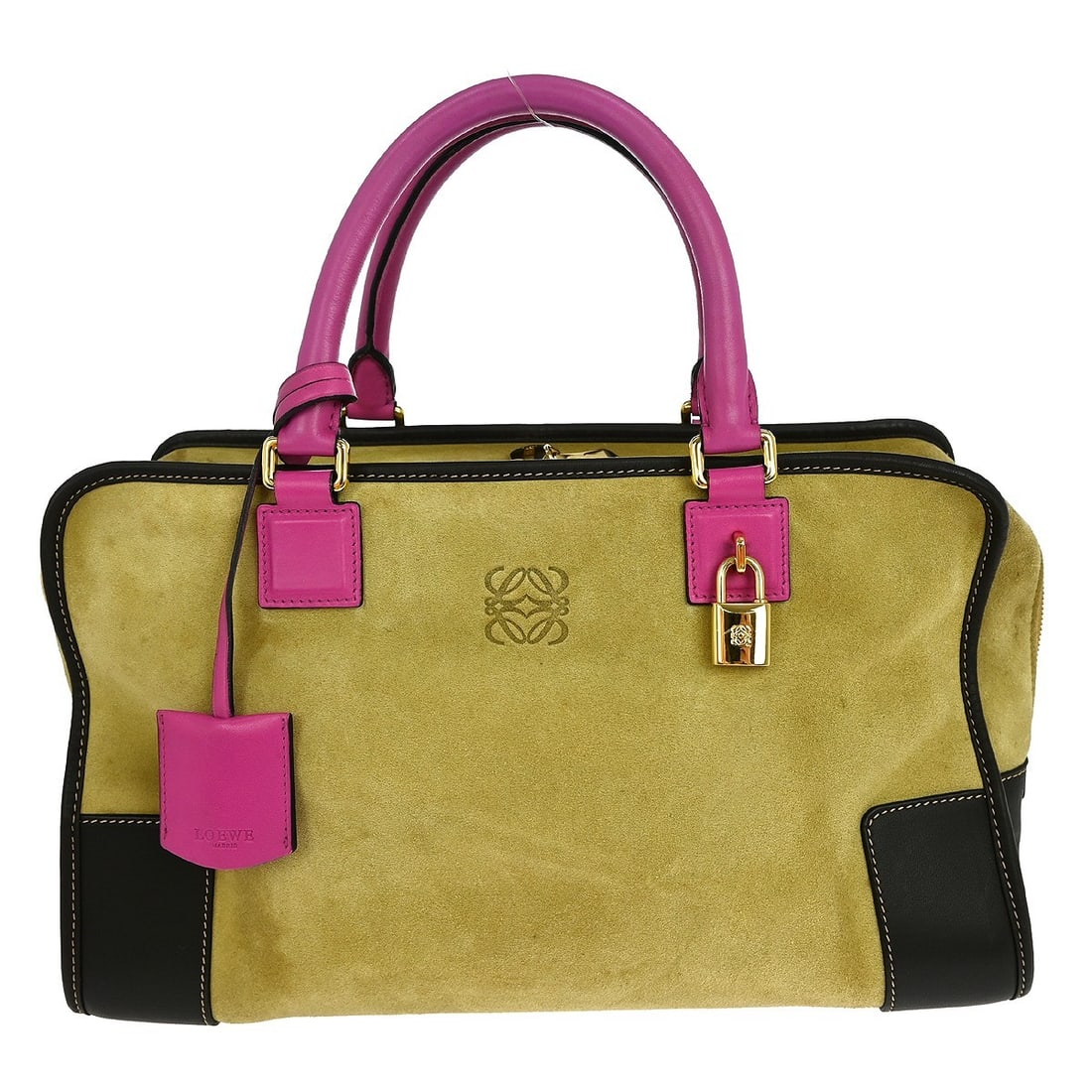 Loewe Amazona 36 Beige Suede Top Handle Bag: Loewe Amazona 36 Beige Suede Top Handle Bag This Loewe Amazona 36 handbag is crafted from beige suede leather and features a large top handle design. It is equipped with double leather handles, a zip 