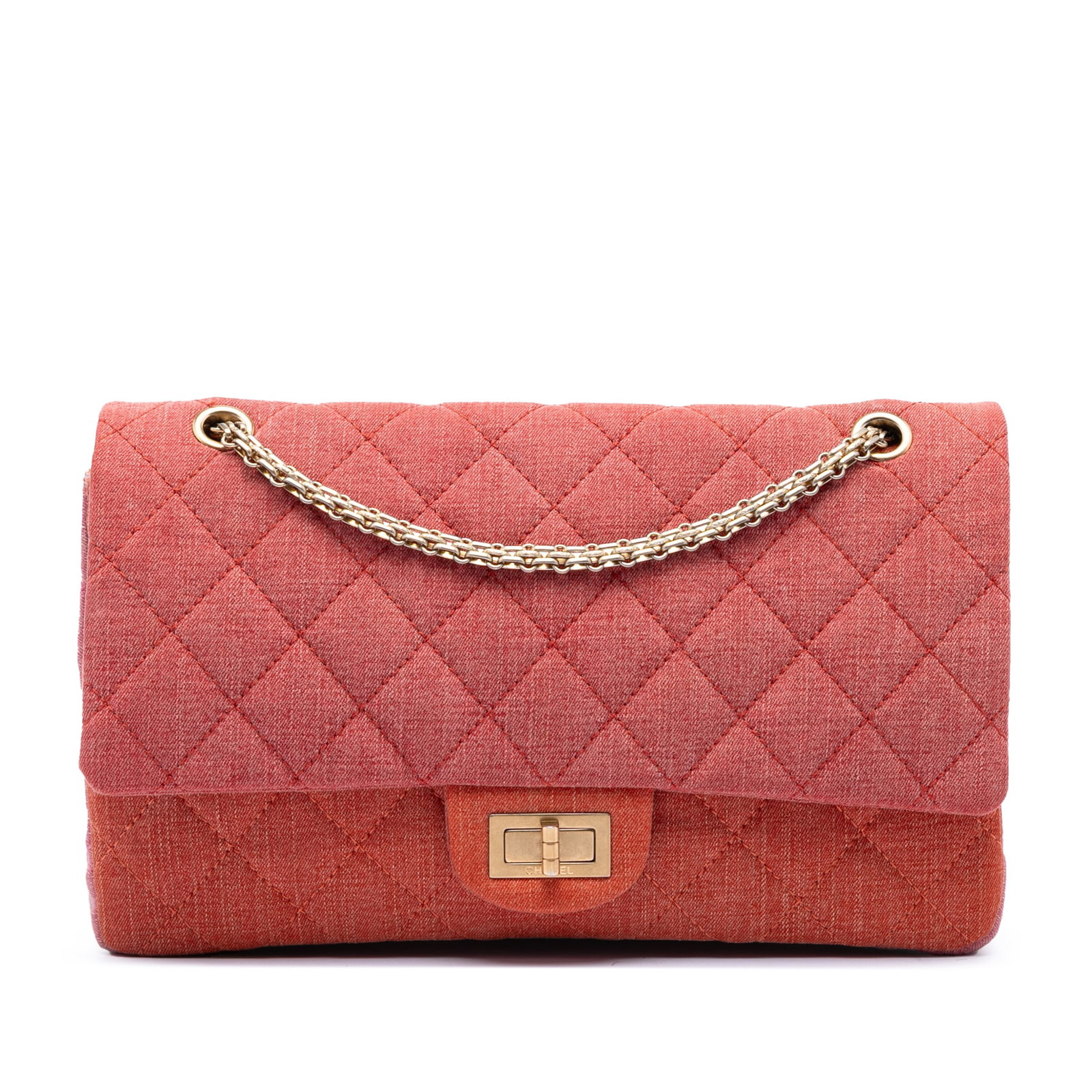 Chanel Reissue 2.55 227 denim flap shoulder bag orange: Chanel Reissue 2.55 227 denim flap shoulder bag orange This Chanel Tricolor Quilted Denim Reissue 2.55 Double Flap 227 shoulder bag features a quilted denim body in a tricolor design, complemented by 
