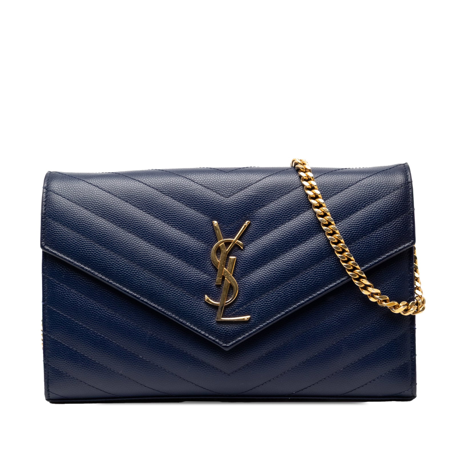 Saint Laurent Chevron Monogram Envelope Wallet on Chain Blue Leather: Saint Laurent Chevron Monogram Envelope Wallet on Chain Blue Leather This Saint Laurent Grain De Poudre Chevron Monogram Envelope Chain Wallet is crafted from blue leather and features a chevron patte