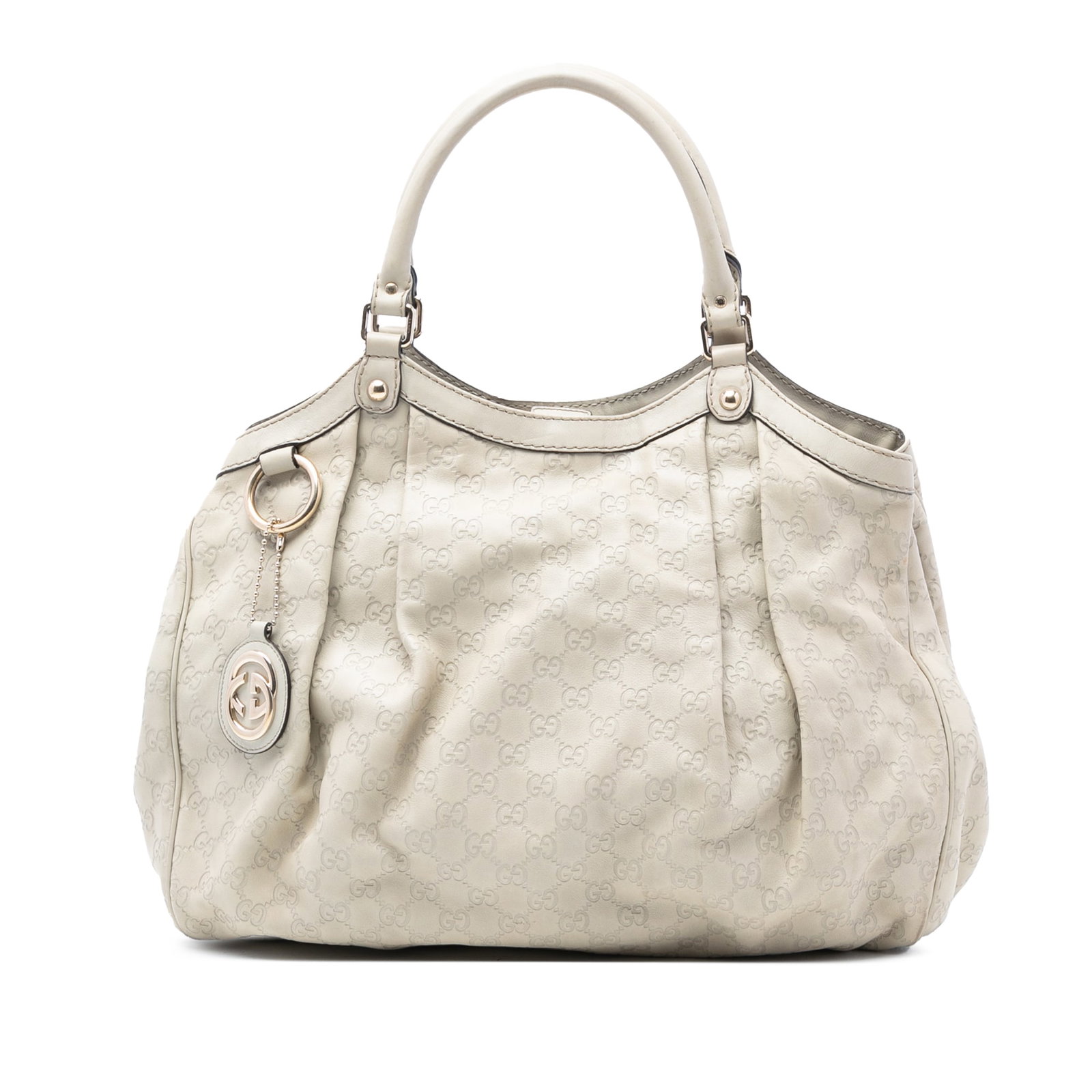 Gucci Sukey Tote White Leather Guccissima Large Shoulder Bag: Gucci Sukey Tote White Leather Guccissima Large Shoulder Bag The Large Guccissima Sukey Tote is crafted from white leather and features rolled leather handles, an open top with a magnetic snap closure