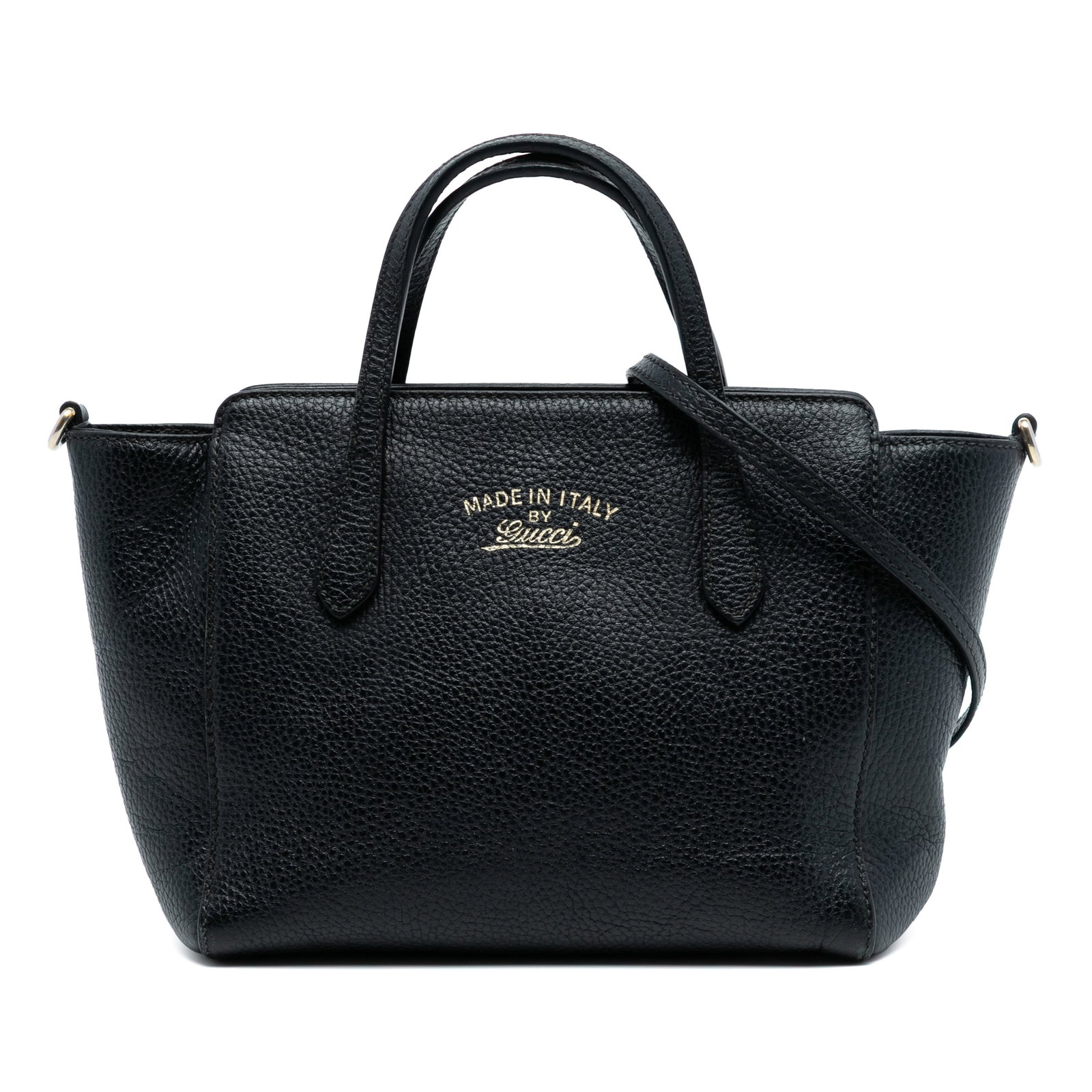 Black Leather Mini Satchel by Gucci with Top Zip Closure: Black Leather Mini Satchel by Gucci with Top Zip Closure This Gucci Mini Leather Swing Satchel features a black leather body with flat leather handles, a top zip closure, and interior zip and slip poc