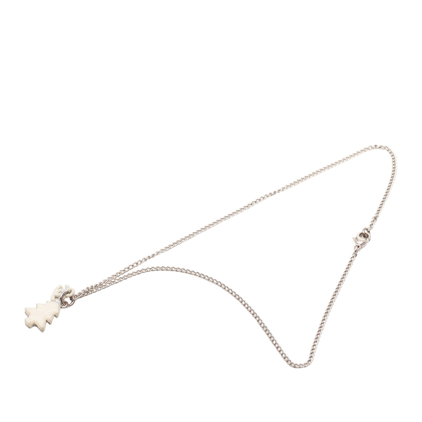 Chanel silver tone metal Christmas tree CC pendant necklace: Chanel silver tone metal Christmas tree CC pendant necklace This Chanel necklace features a silver-tone metal chain with a glittered Christmas tree pendant and the iconic CC logo. It is secured with a