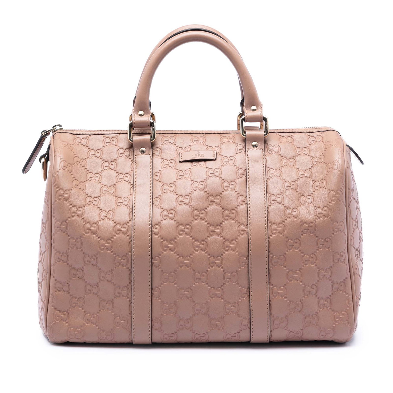 Gucci embossed leather Joy Boston bag medium brown: Gucci embossed leather Joy Boston bag medium brown This Medium Guccissima Joy Boston Bag showcases a classic embossed leather exterior in brown, featuring rolled leather handles, a top zip closure, an