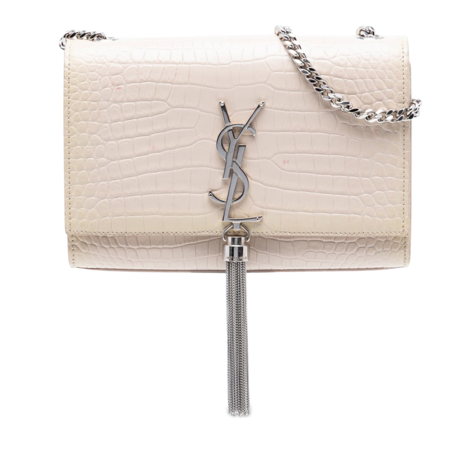 Saint Laurent Kate embossed leather crossbody bag tassel chain strap: Saint Laurent Kate embossed leather crossbody bag tassel chain strap This Saint Laurent Medium Croc Embossed Leather Monogram Kate Tassel Crossbody features a textured leather body with croc embossing