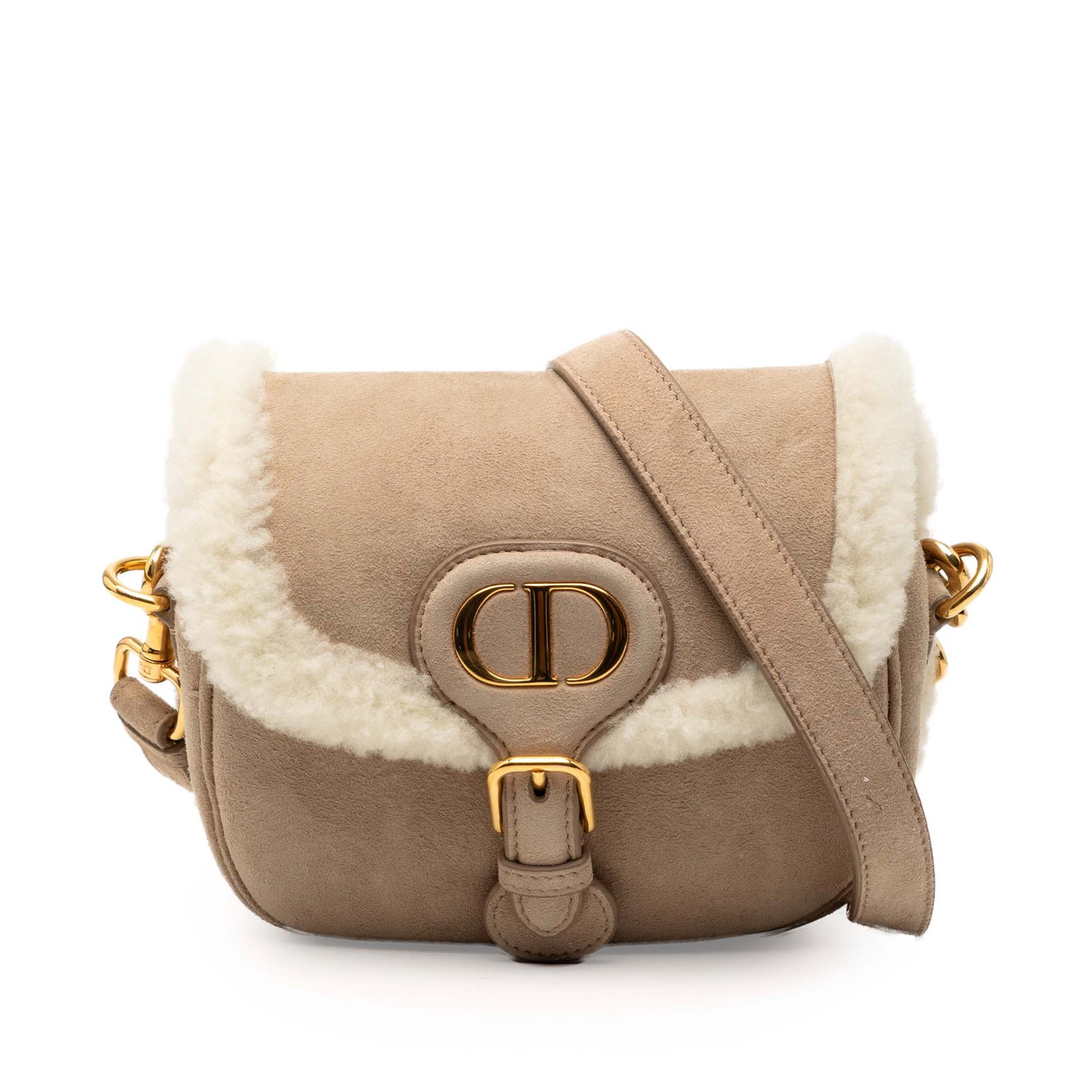 Dior Bobby suede shearling flap bag: Dior Bobby suede shearling flap bag This Dior Small Suede Shearling Bobby Crossbody features a beige suede leather body with shearling trim, a detachable flat suede shoulder strap, a front flap with b