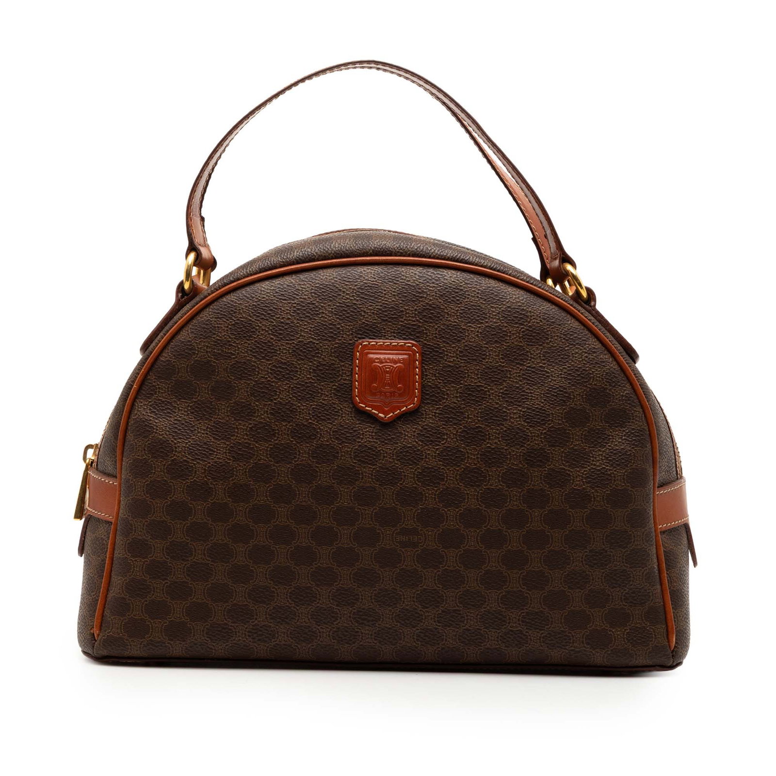 Celine Macadam Brown Coated Canvas Tote Handbag: Celine Macadam Brown Coated Canvas Tote Handbag This Celine Macadam handbag is crafted from coated canvas with leather trim, featuring flat leather handles, a top zip closure, and an interior zip pock