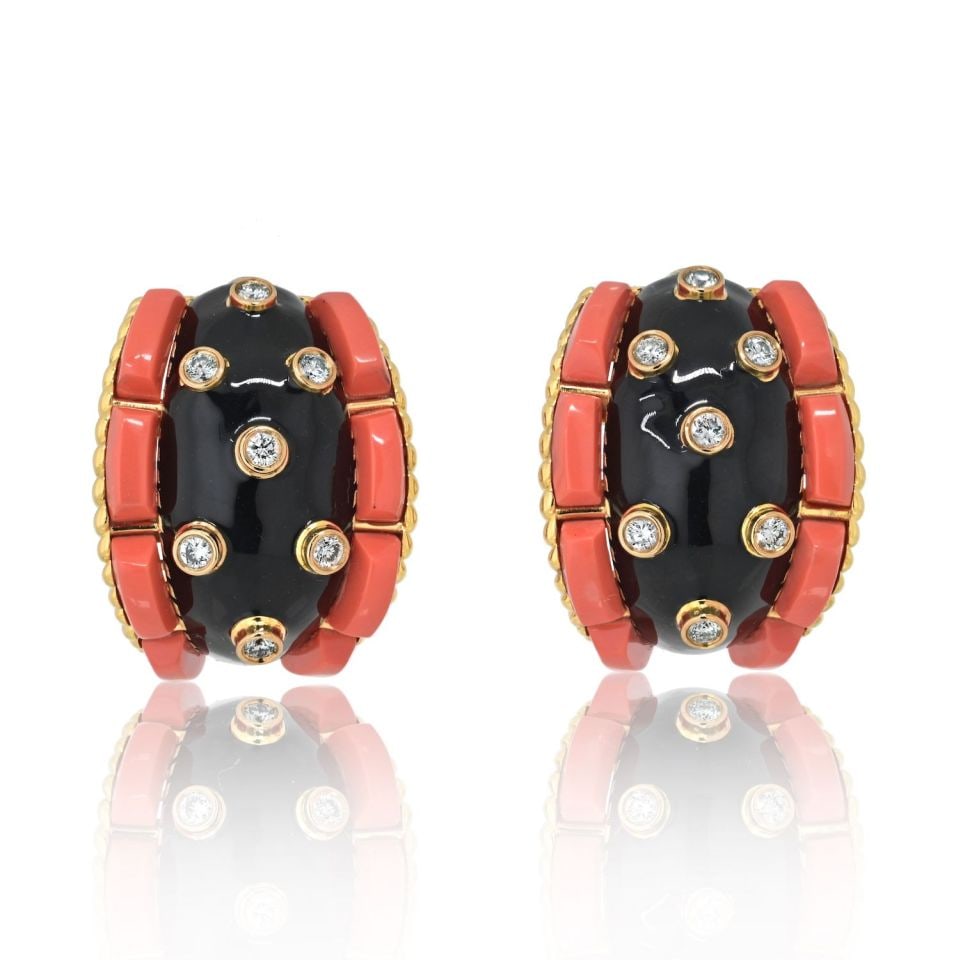 David Webb Vintage Platinum 18K Yellow Gold Coral Diamond Earrings (1 of 4)