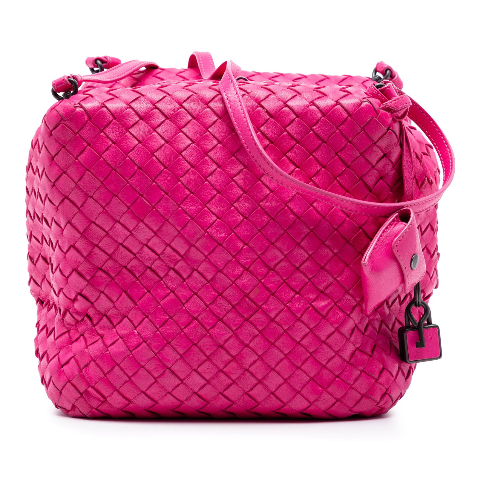 Bottega Veneta pink nappa leather Intrecciato cube bag: Bottega Veneta pink nappa leather Intrecciato cube bag This Bottega Veneta Nappa Intrecciato Cube Crossbody bag features a distinctive woven nappa leather exterior in pink, complemented by flat leathe