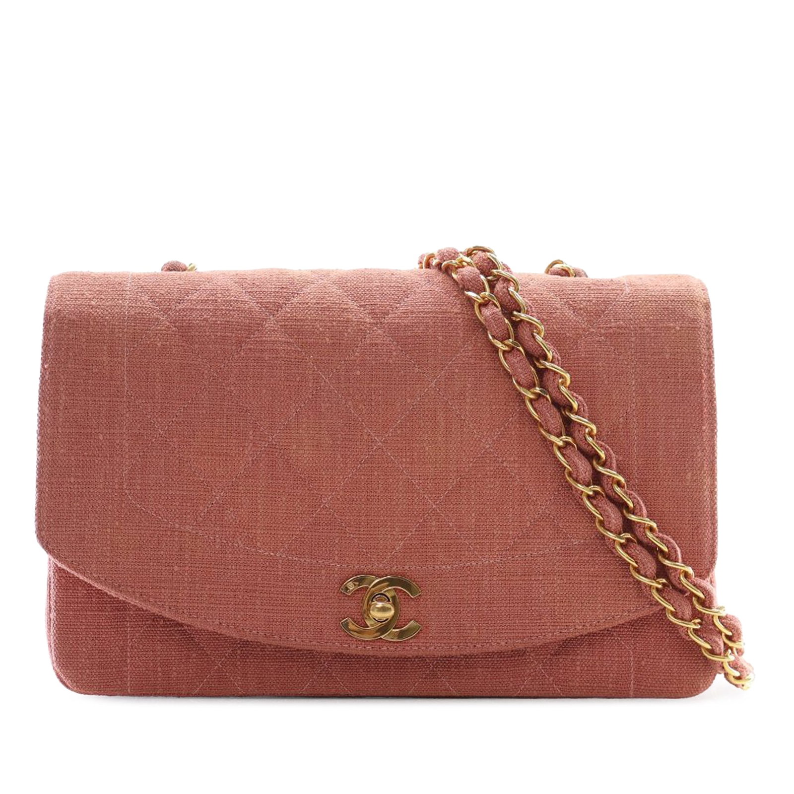 Chanel Diana Flap Pink Quilted Jersey Chain Bag: Chanel Diana Flap Pink Quilted Jersey Chain Bag This Chanel Medium Jersey Diana Flap bag features a quilted jersey fabric in pink, complemented by a gold-tone leather woven chain link strap. The desig