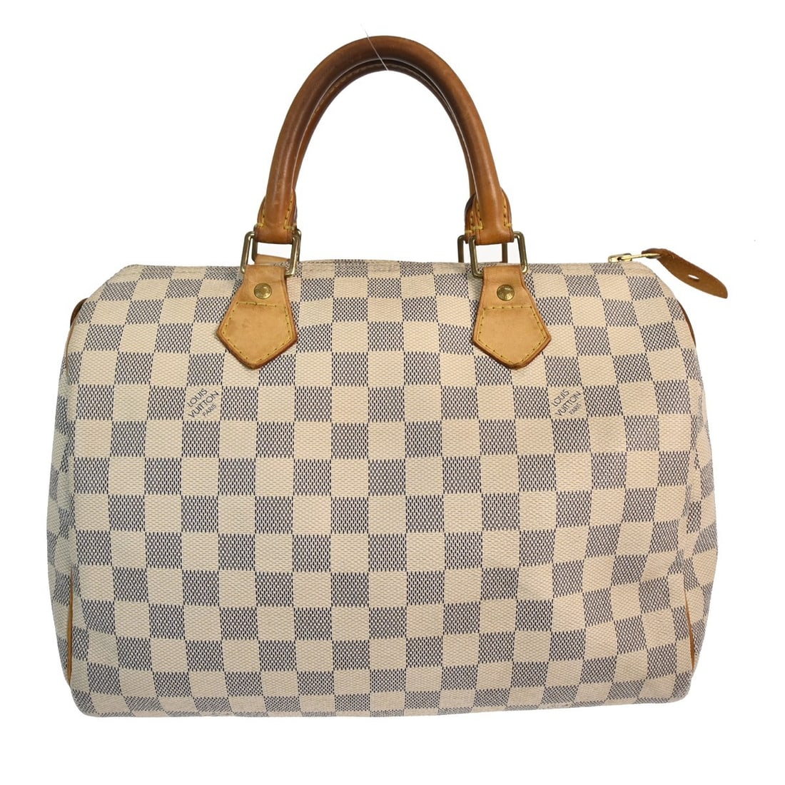 Louis Vuitton Speedy 30 Damier Azur Duffle Bag: Louis Vuitton Speedy 30 Damier Azur Duffle Bag This Louis Vuitton Damier Azur Speedy 30 handbag features the iconic Damier Azur canvas complemented by beige leather double handles and trim. The bag is