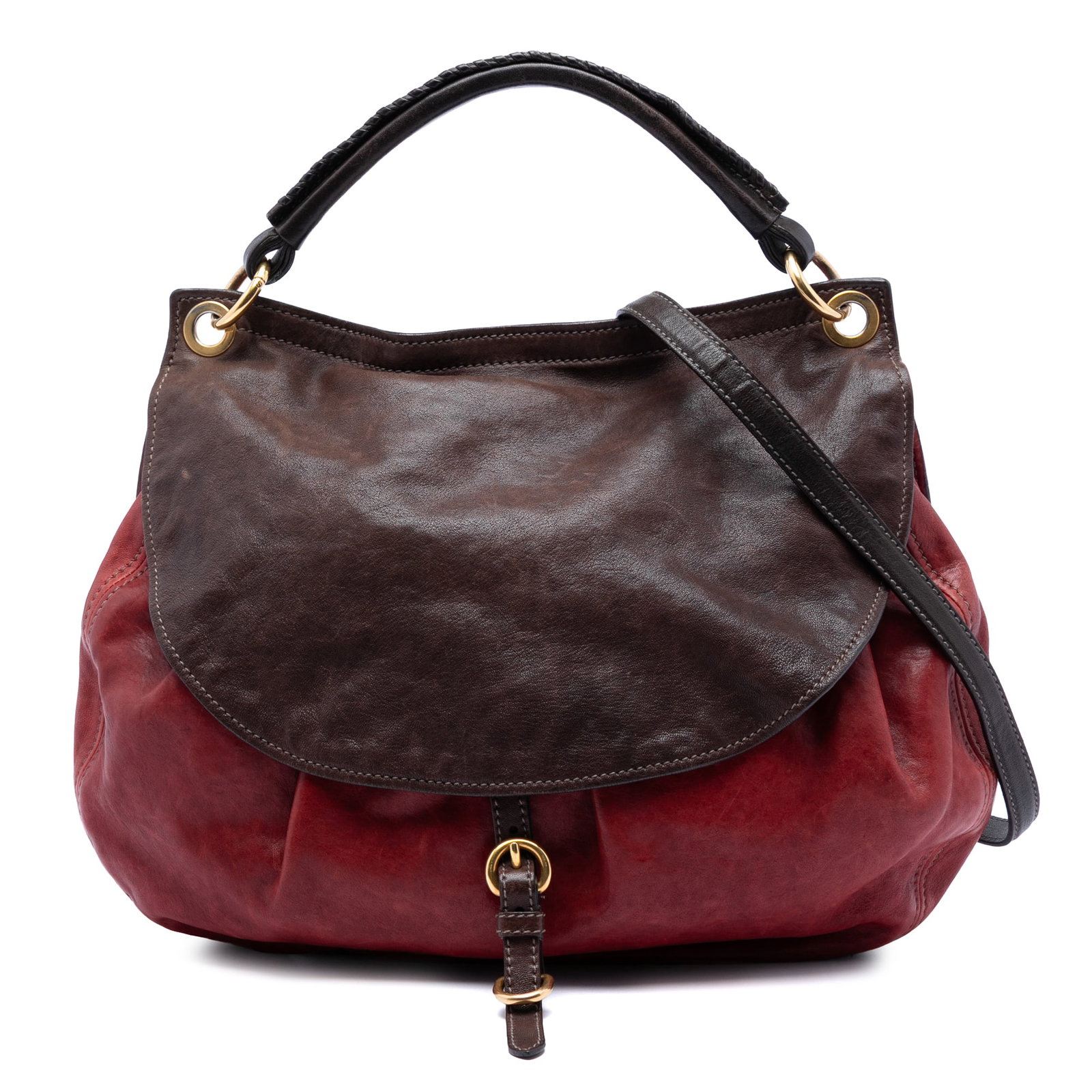 Miu Miu red nappa aviator satchel with shoulder strap: Miu Miu red nappa aviator satchel with shoulder strap This Miu Miu Bicolor Nappa Aviator Top Handle Bag features a leather body with a rolled leather top handle, a detachable flat shoulder strap, and 