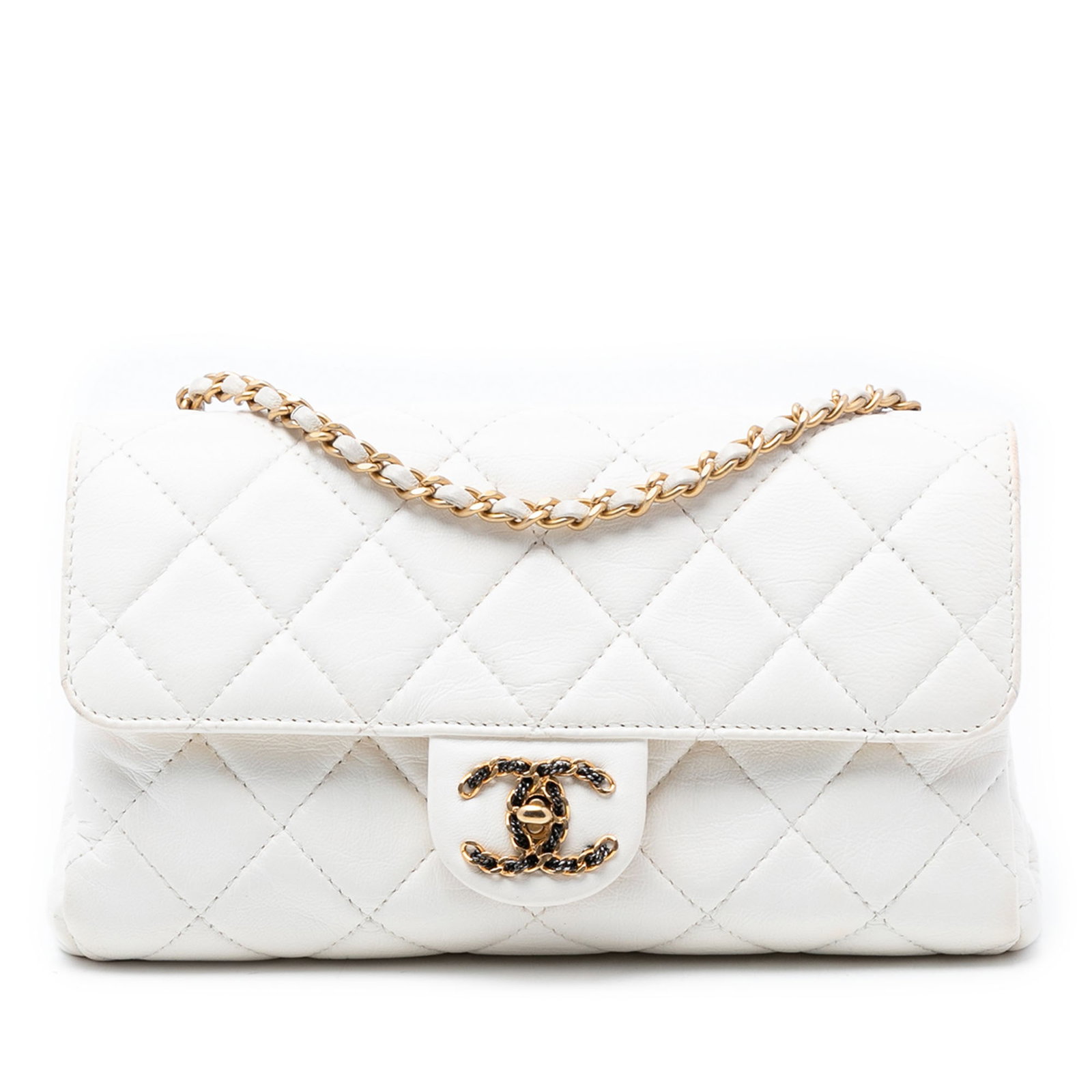 Chanel Accordion Flap Bag White Quilted Calfskin: Chanel Accordion Flap Bag White Quilted Calfskin This Chanel Small CC Quilted Aged Calfskin Accordion Flap bag features a quilted calf leather body with a distinctive aged finish. It includes a leathe