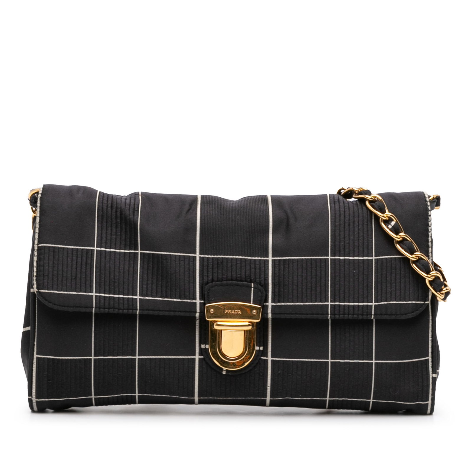Prada Tessuto Chain Black Nylon Crossbody Bag: Prada Tessuto Chain Black Nylon Crossbody Bag This Prada Tessuto Chain Crossbody bag is crafted in black nylon fabric and features a woven chain-link strap, a front flap with a push lock closure, and 