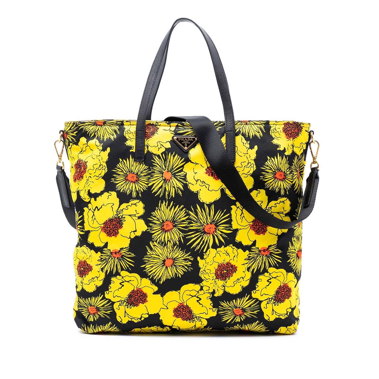 Prada Tessuto Stampato yellow nylon satchel: Prada Tessuto Stampato yellow nylon satchel This Prada Tessuto Stampato Satchel features a printed nylon exterior with flat leather handles and a detachable flat strap. The bag is equipped with a top 