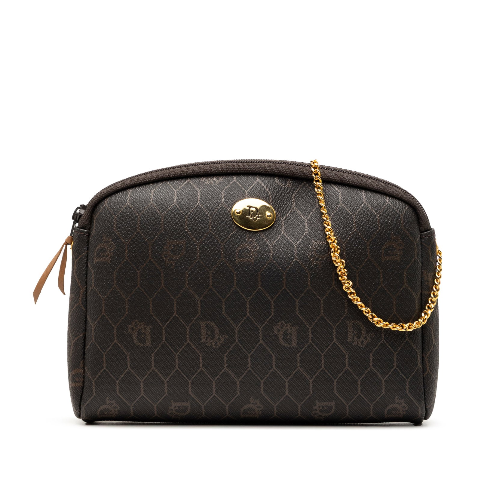 Dior black coated canvas chain crossbody bag: Dior black coated canvas chain crossbody bag This Dior Honeycomb crossbody bag features a coated canvas exterior in black, accented by a gold-tone chain shoulder strap and a secure top zip closure. Th