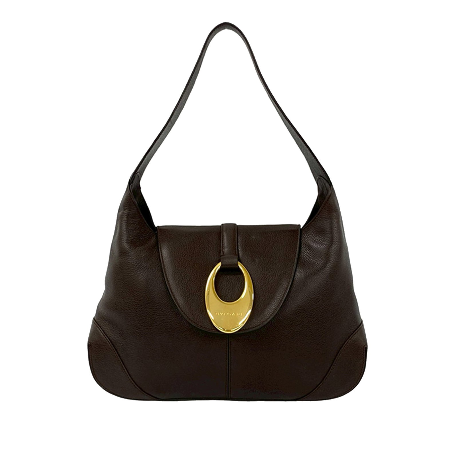 Bvlgari leather hobo bag with front ring: Bvlgari leather hobo bag with front ring This Bvlgari Leather Front Ring Hobo is a brown shoulder bag crafted from leather, featuring a flat leather shoulder strap and a front flap with a magnetic sna