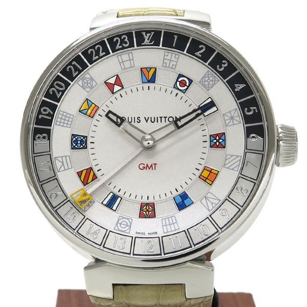 Louis Vuitton QA096 44mm Dual Time Quartz GMT Wristwatch: Louis Vuitton QA096 44mm Dual Time Quartz GMT Wristwatch This Louis Vuitton Tambour Moon Dual Time 44mm men's wristwatch features a distinctive silver-gray dial with colorful indices and a unique drum