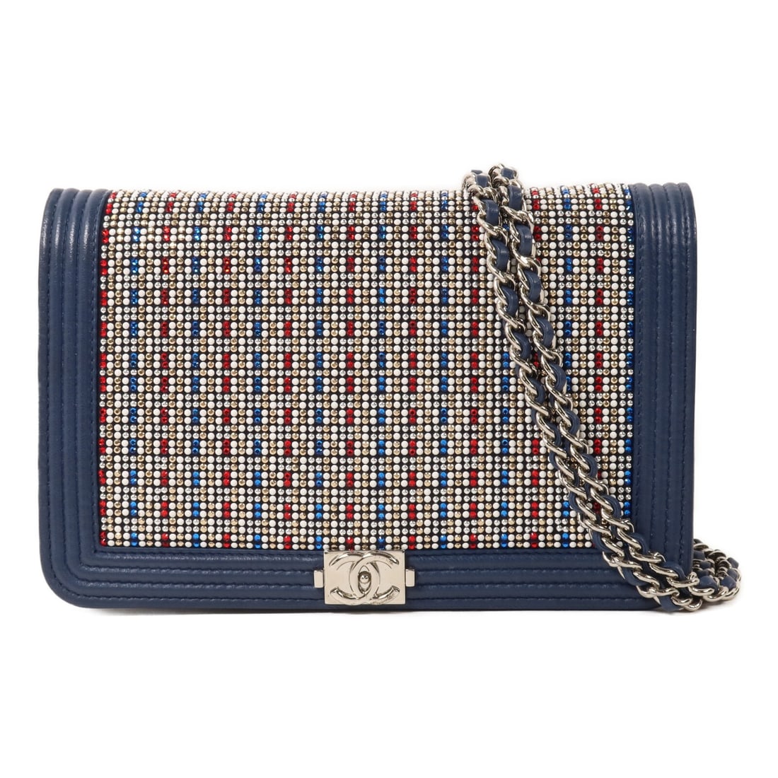 CHANEL Boy Wallet On Chain Blue Calfskin Shoulder Bag: CHANEL Boy Wallet On Chain Blue Calfskin Shoulder Bag This CHANEL Boy Wallet On Chain shoulder bag features a sophisticated blue calfskin leather exterior adorned with strass embellishments. Designed 