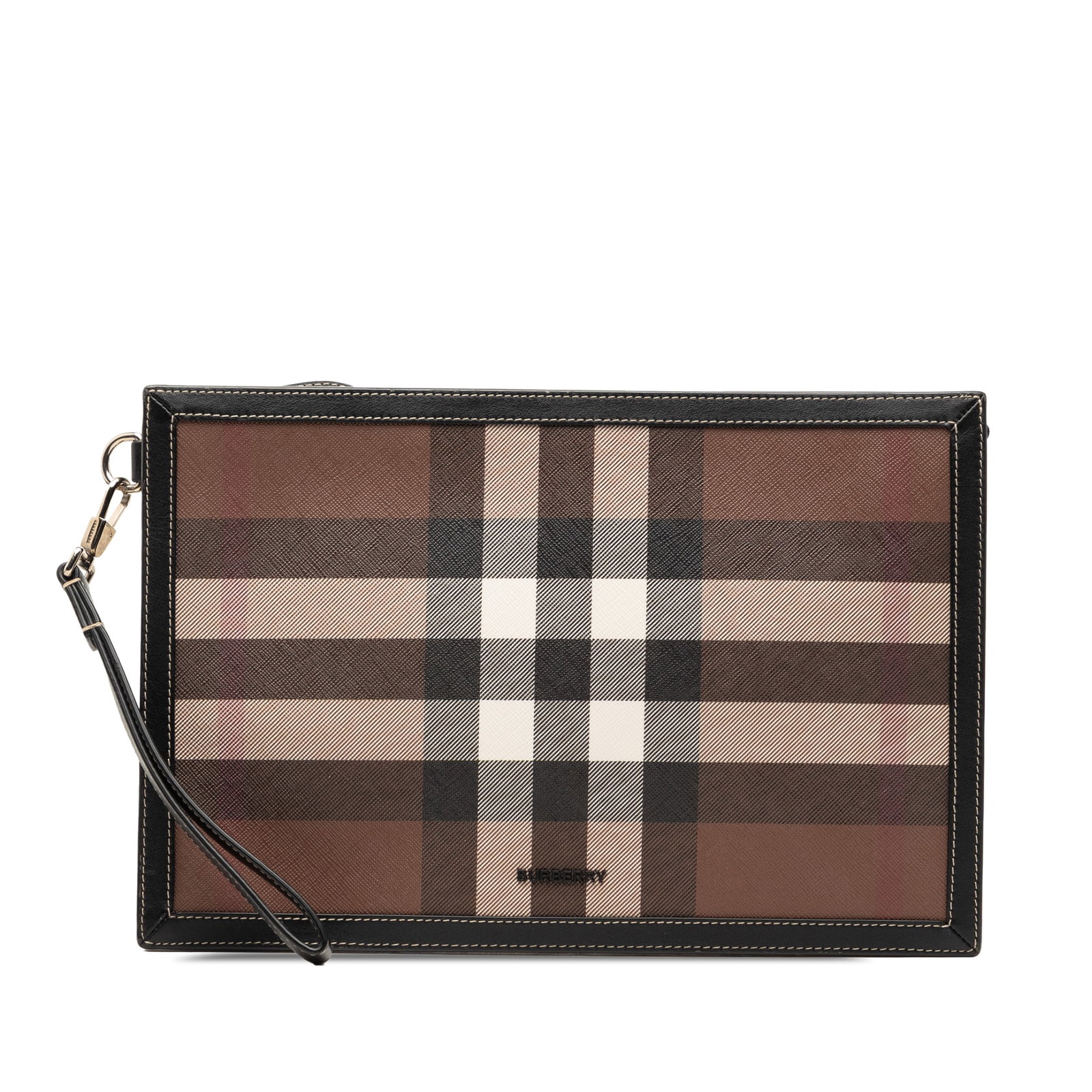 Burberry coated canvas leather zip pouch check pattern: Burberry coated canvas leather zip pouch check pattern This Burberry zip pouch is crafted from coated canvas with leather trim and features the brand's signature check pattern. It includes a flat leat