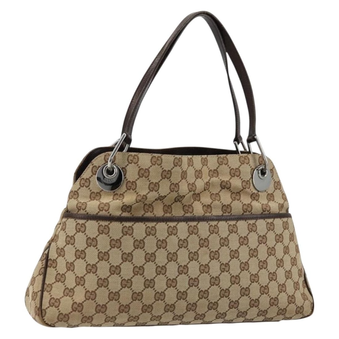 Gucci GG Canvas Beige Silver Handbag 121023 Italy: Gucci GG Canvas Beige Silver Handbag 121023 Italy This Gucci GG Canvas Hand Bag features a classic silver and beige color combination and is crafted from the brand's signature GG canvas. Designed for 