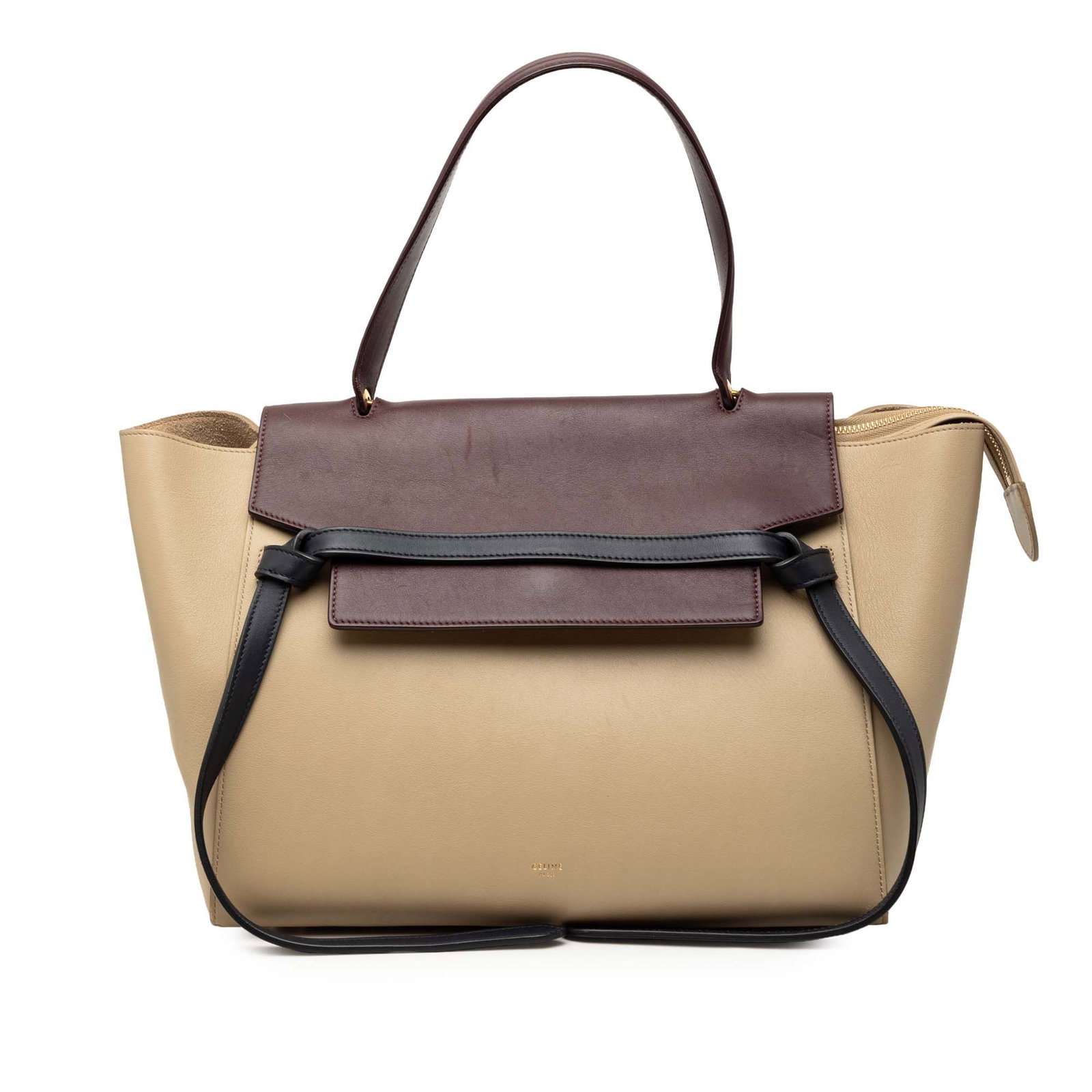 Celine Mini Belt Satchel in Tricolor Grained Calfskin Leather: Celine Mini Belt Satchel in Tricolor Grained Calfskin Leather This Celine Mini Tricolor Grained Calfskin Belt Satchel is crafted from grained calf leather and features a flat leather top handle, a det
