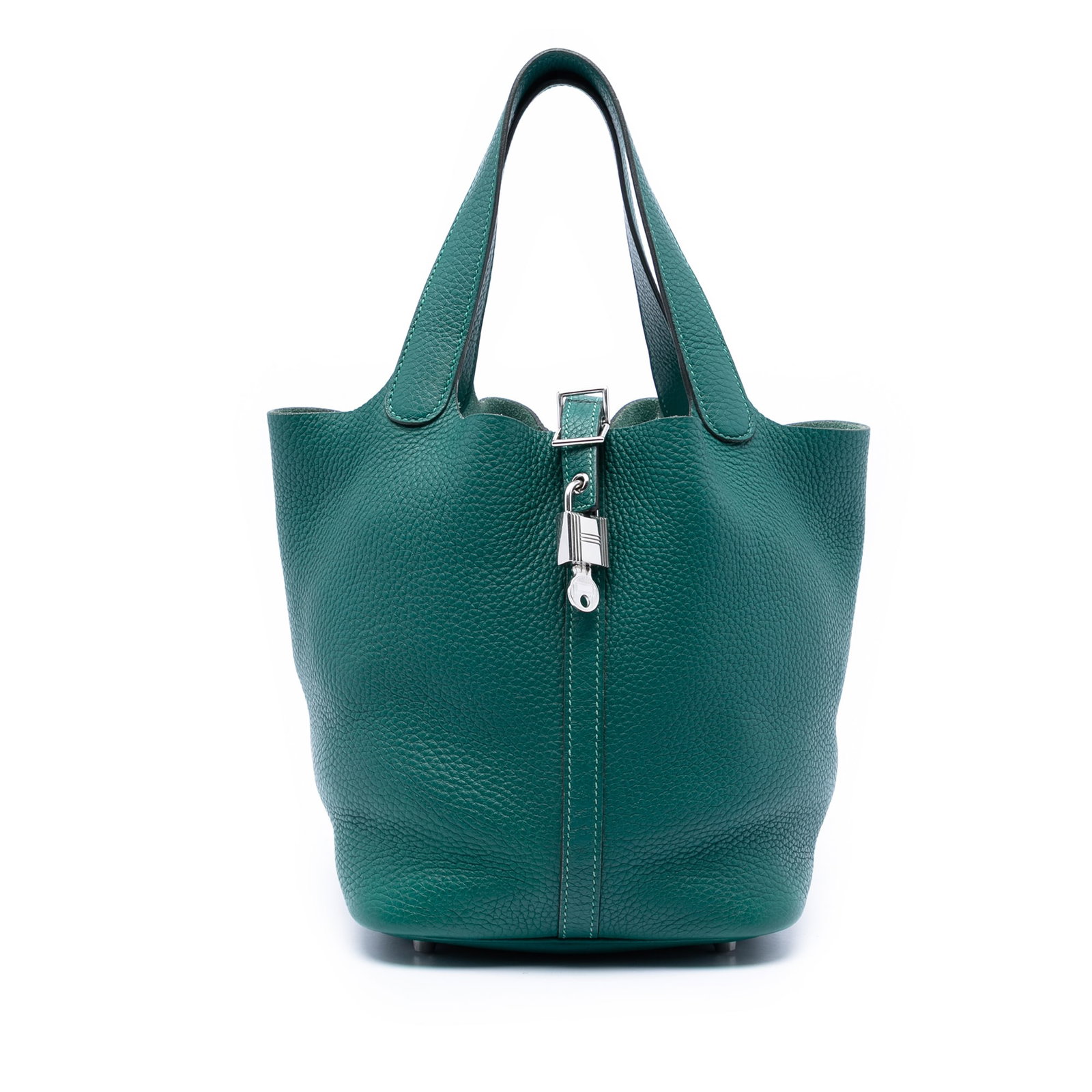 Hermes Picotin Lock 22 Clemence Leather Green Malachite Handbag: Hermes Picotin Lock 22 Clemence Leather Green Malachite Handbag This Hermes Picotin Lock 22 is crafted from Clemence leather in a vibrant Malachite green color. It features flat leather handles and an
