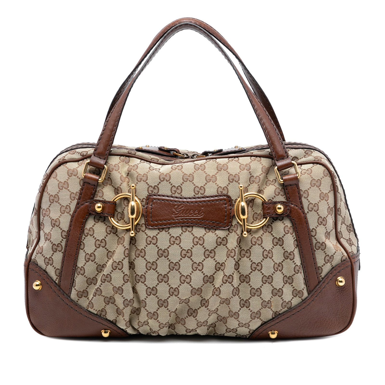 Beige GG Canvas Jockey Boston Satchel with Leather Trim by Gucci: Beige GG Canvas Jockey Boston Satchel with Leather Trim by Gucci This Gucci GG Canvas Jockey Boston Bag features a canvas body with leather trim, flat leather handles, a top zip closure, and interior 