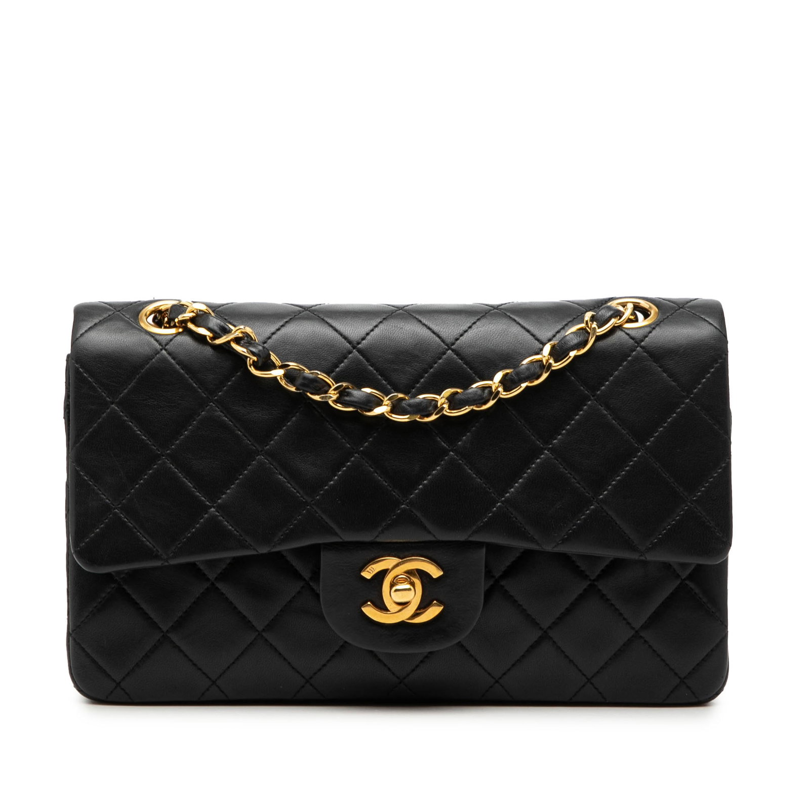 Chanel Small Classic Lambskin Flap Bag: Chanel Small Classic Lambskin Flap Bag This Chanel Small Classic Double Flap shoulder bag is crafted from quilted black lambskin leather and features leather-woven chain shoulder straps. The design in