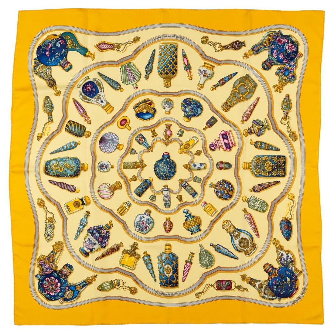 Hermes Qu' Importe Le Flacon Silk Twill Scarf 35in: Hermes Qu' Importe Le Flacon Silk Twill Scarf 35in Elevate your wardrobe with this exquisite Hermes silk twill scarf, featuring the captivating 'Qu' Importe Le Flacon' design. Measuring 35 in x 35 in 