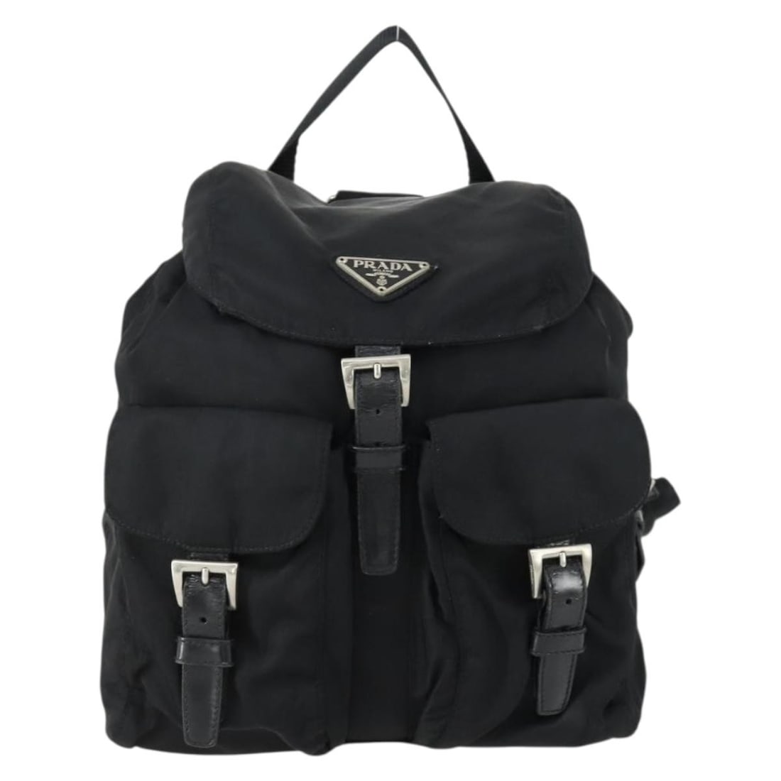Black Nylon Prada Vela Backpack with Dual Front Pockets and Saffiano Leather: Black Nylon Prada Vela Backpack with Dual Front Pockets and Saffiano Leather This Prada Vela backpack designed for women features a double front pocket and is crafted from black nylon with Saffiano le
