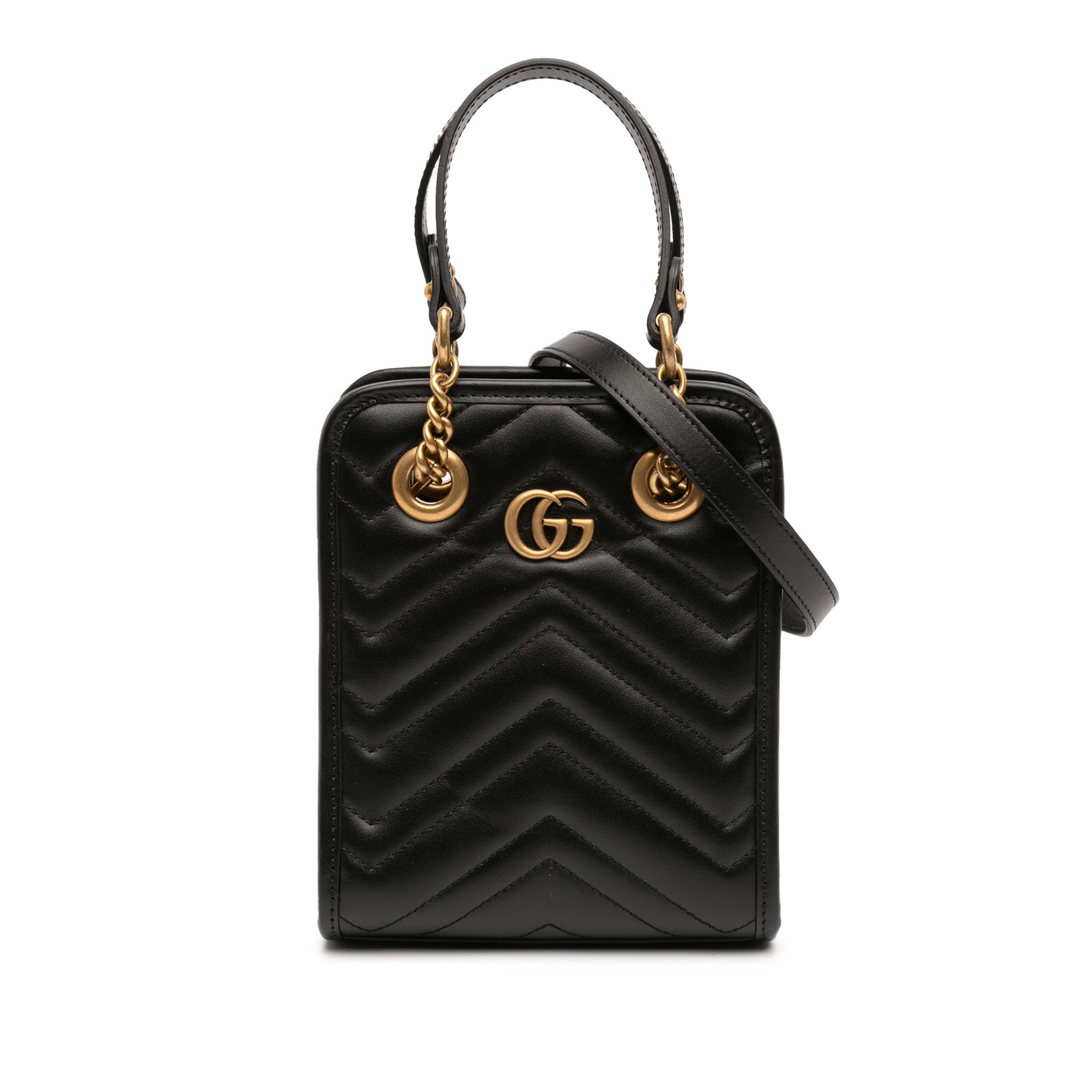Gucci GG Marmont Mini Quilted Leather Satchel: Gucci GG Marmont Mini Quilted Leather Satchel This Gucci Mini GG Marmont Matelasse Leather Satchel features a quilted leather body in black, complemented by chain-link and flat leather handles. It inc