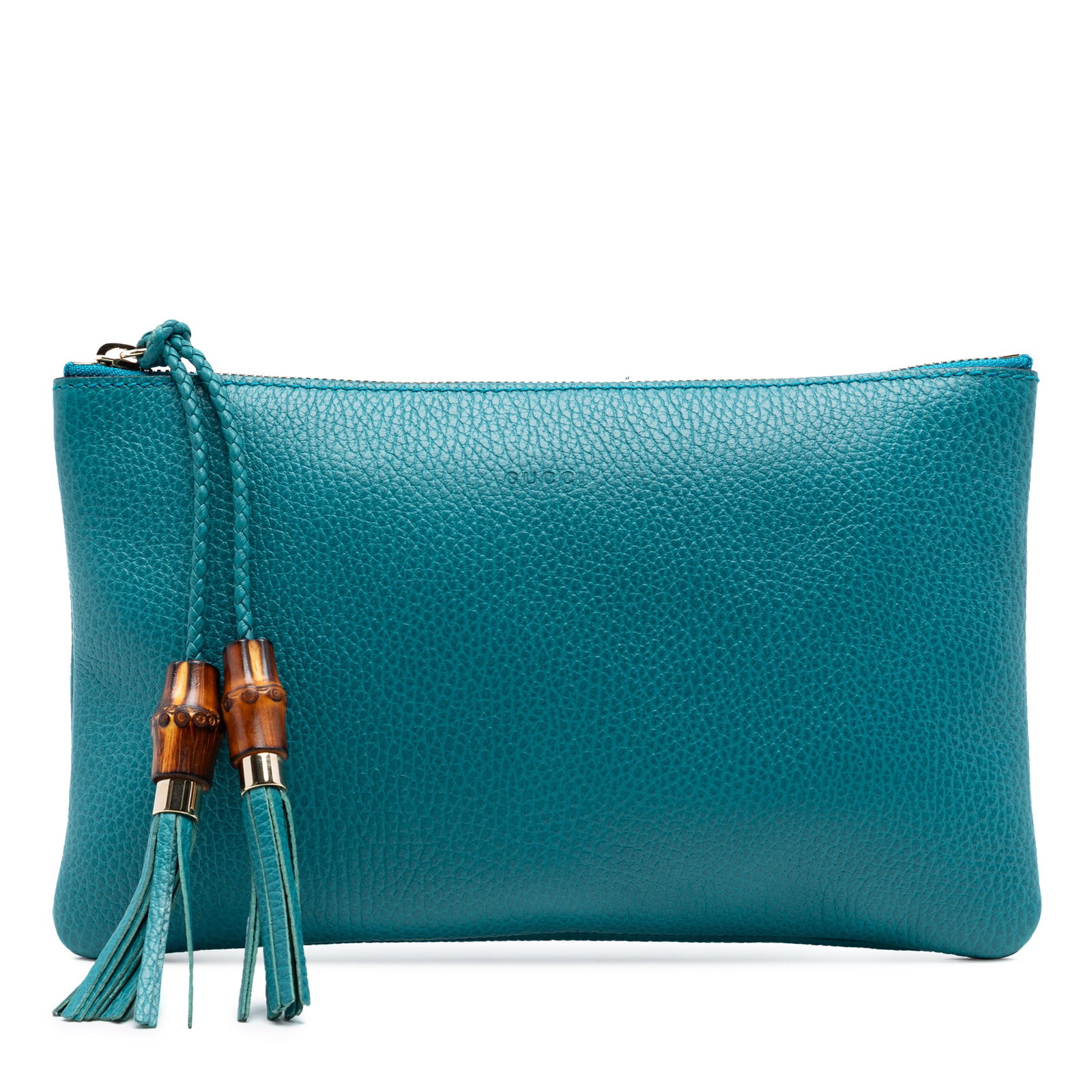 Gucci blue leather bamboo tassel zip clutch: Gucci blue leather bamboo tassel zip clutch This Gucci Calfskin Bamboo Clutch is crafted in blue leather and features a distinctive bamboo and tassel zipper pull at the top zip closure. The clutch inc