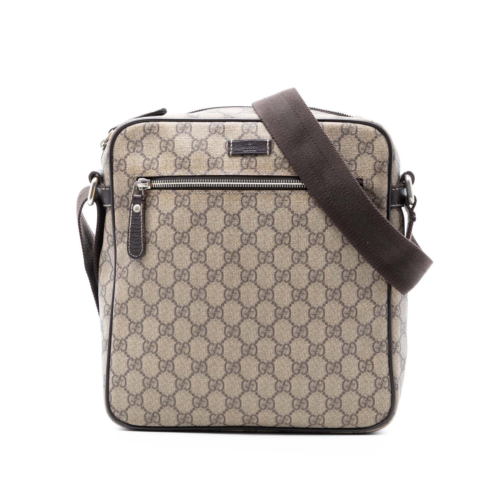 Gucci GG Supreme beige coated canvas crossbody bag: Gucci GG Supreme beige coated canvas crossbody bag This Gucci GG Supreme Crossbody bag is crafted from coated canvas with leather trim and features an adjustable flat strap for comfortable wear. It is