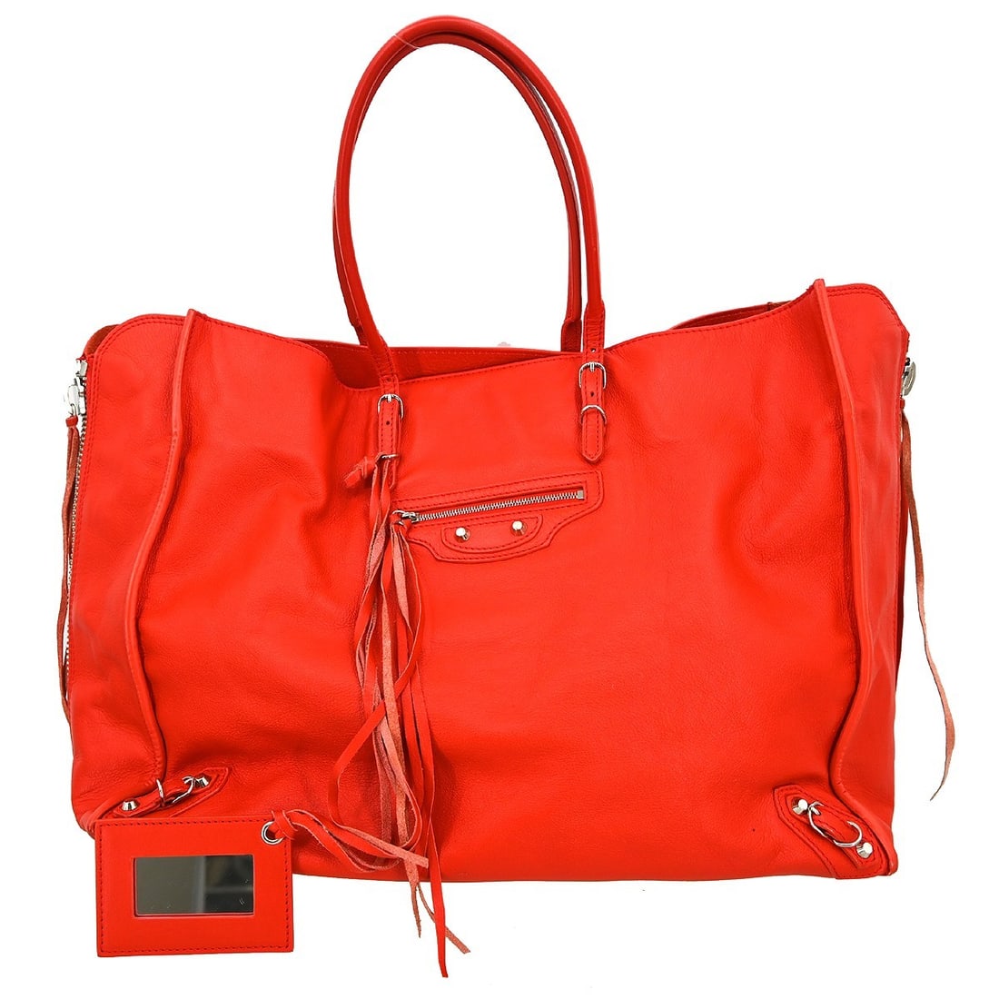 Balenciaga Red Papier Leather Top Handle Bag: Balenciaga Red Papier Leather Top Handle Bag This Balenciaga Red Papier handbag is crafted from leather and features a medium-sized top handle design. The bag includes inner pockets for added organiza