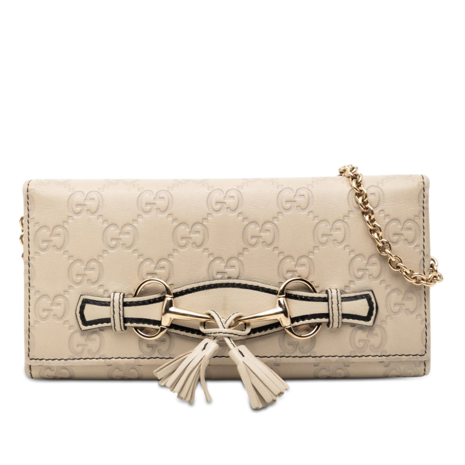 Gucci Emily chain wallet embossed leather brown: Gucci Emily chain wallet embossed leather brown The Guccissima Emily Wallet On Chain is crafted from embossed leather and features a chain strap, a front flap with a magnetic snap button closure, and 