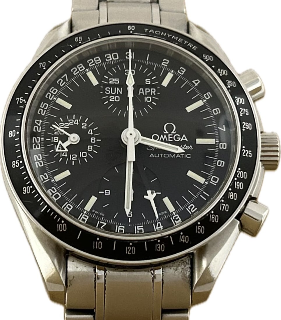 OMEGA Seamaster Triple Calendar 3520.50 Automatic Steel Watch: OMEGA Seamaster Triple Calendar 3520.50 Automatic Steel Watch This OMEGA Speedmaster Triple Calendar wristwatch for men features a 39mm stainless steel case and a matching stainless steel band in silv