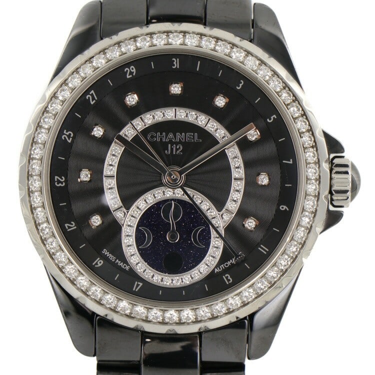 CHANEL J12 Moonphase H3407 Black Ceramic Automatic Watch: CHANEL J12 Moonphase H3407 Black Ceramic Automatic Watch This CHANEL J12 Fars de Lune Moonphase H3407 is a sophisticated men's wristwatch crafted with a black ceramic and stainless steel case and band